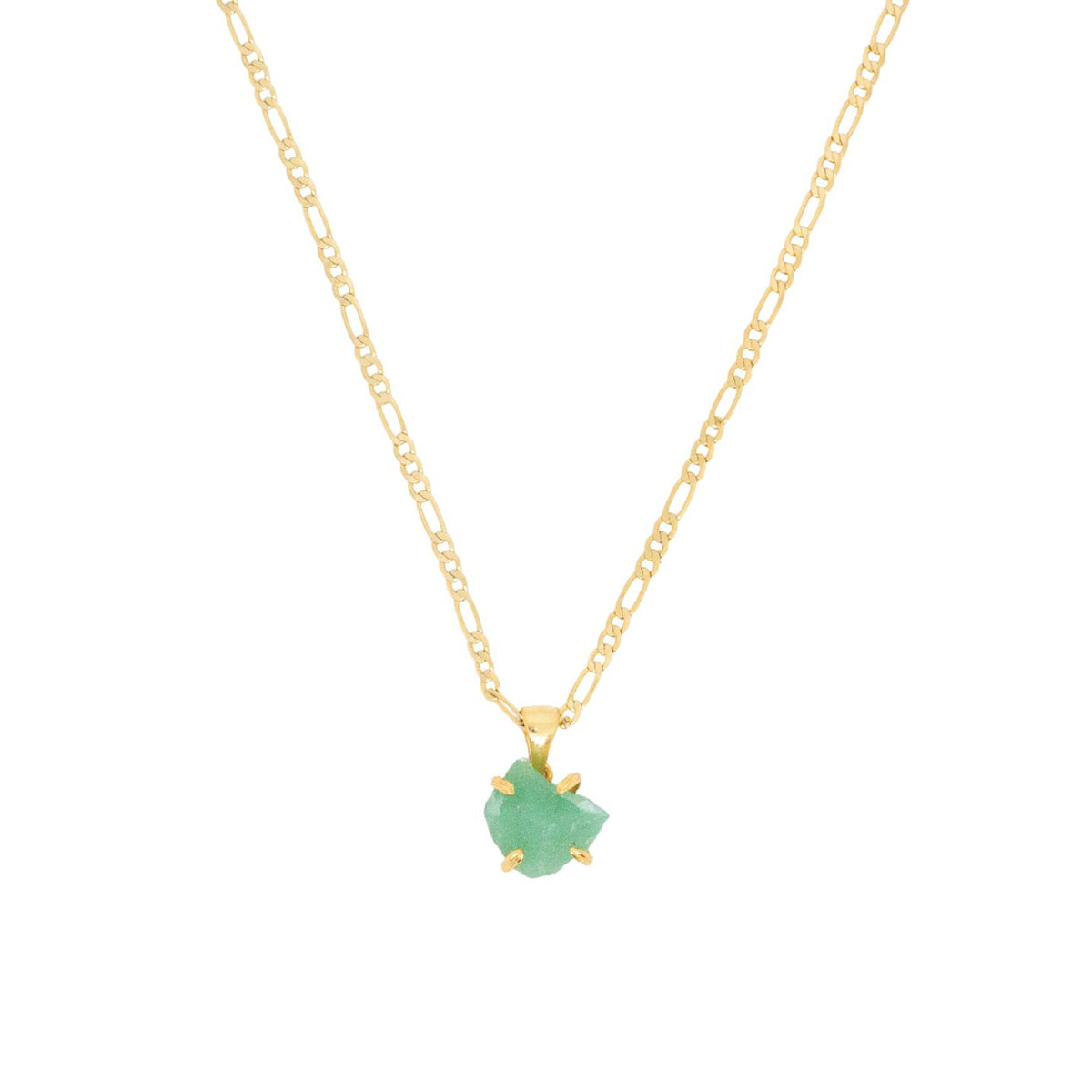 Gold necklace with a green gemstone pendant on a white background