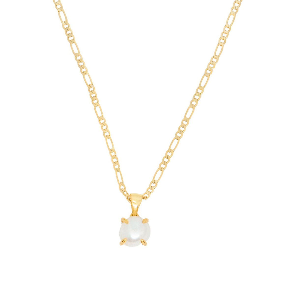 Gold necklace with a pearl pendant on a white background
