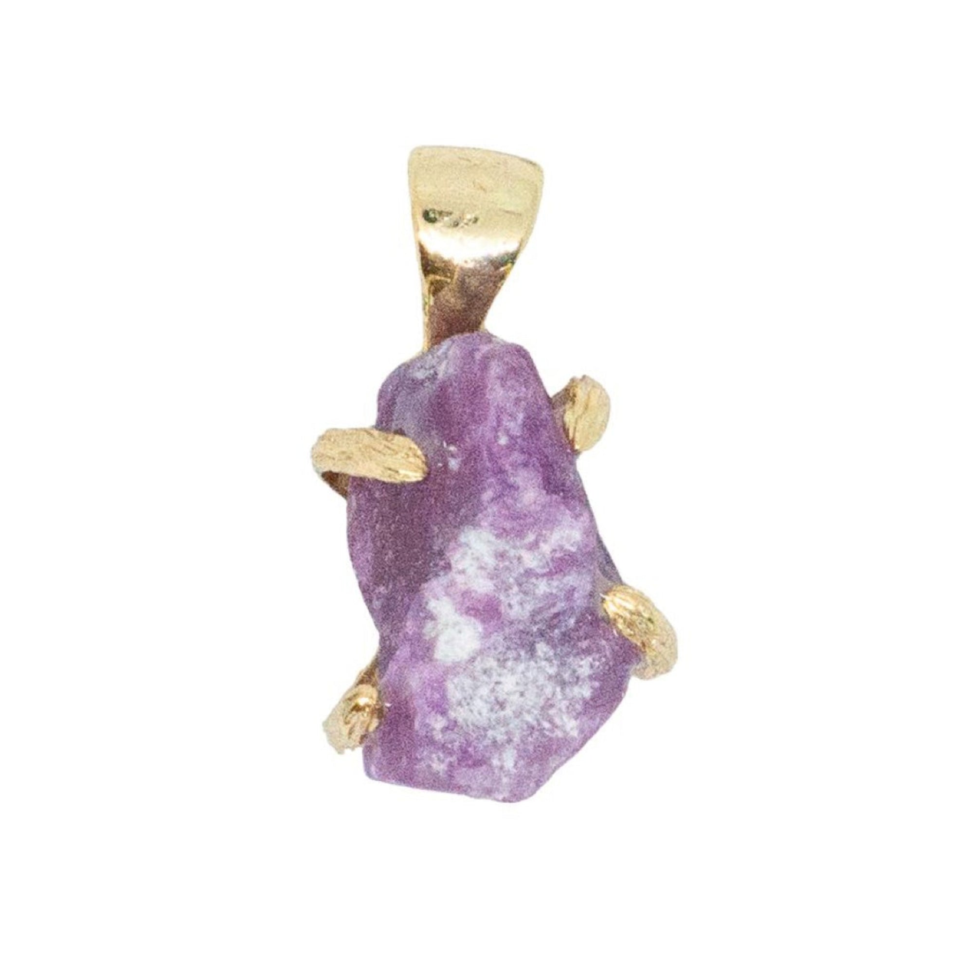 Purple crystal pendant with gold setting on a white background