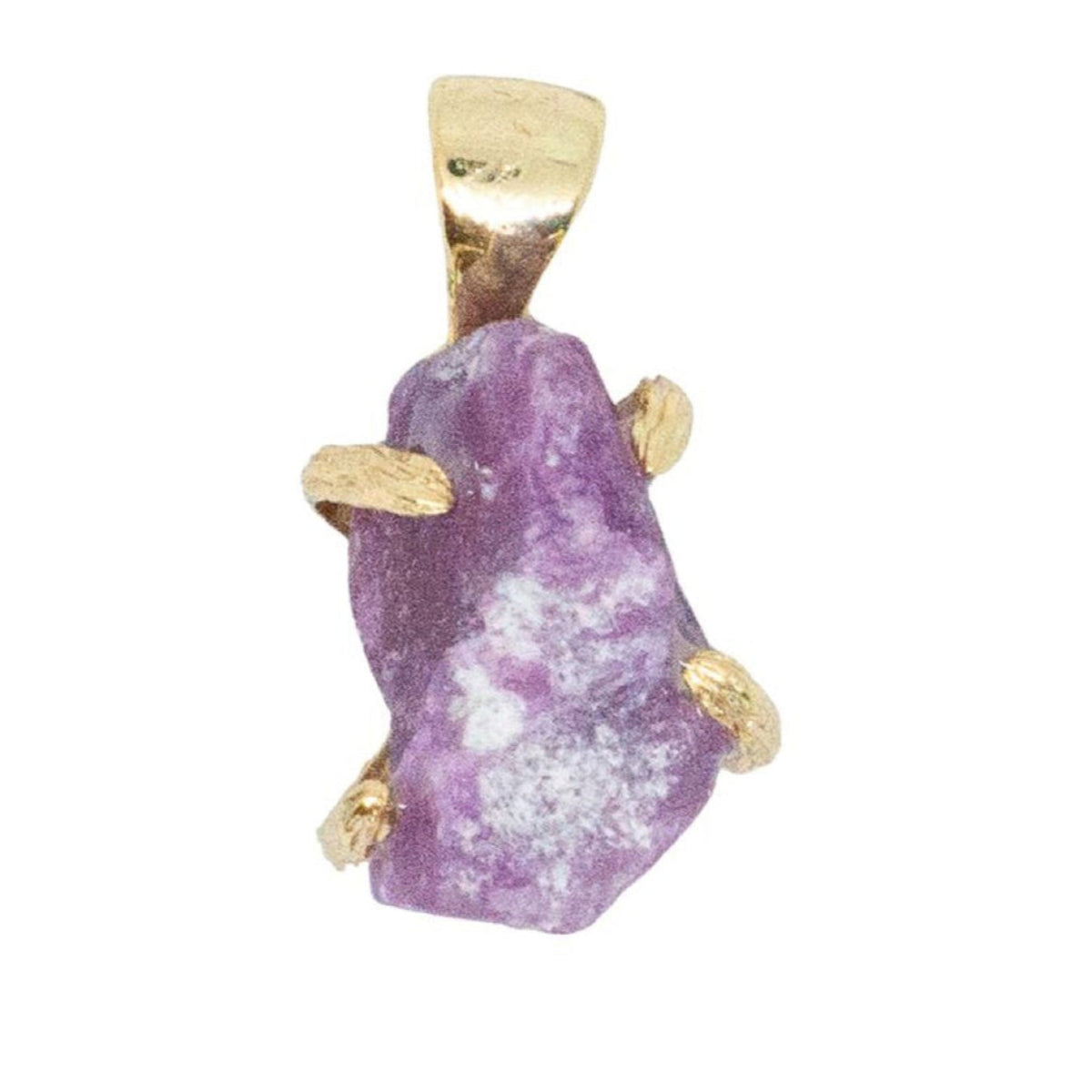 Purple crystal pendant with gold setting on a white background