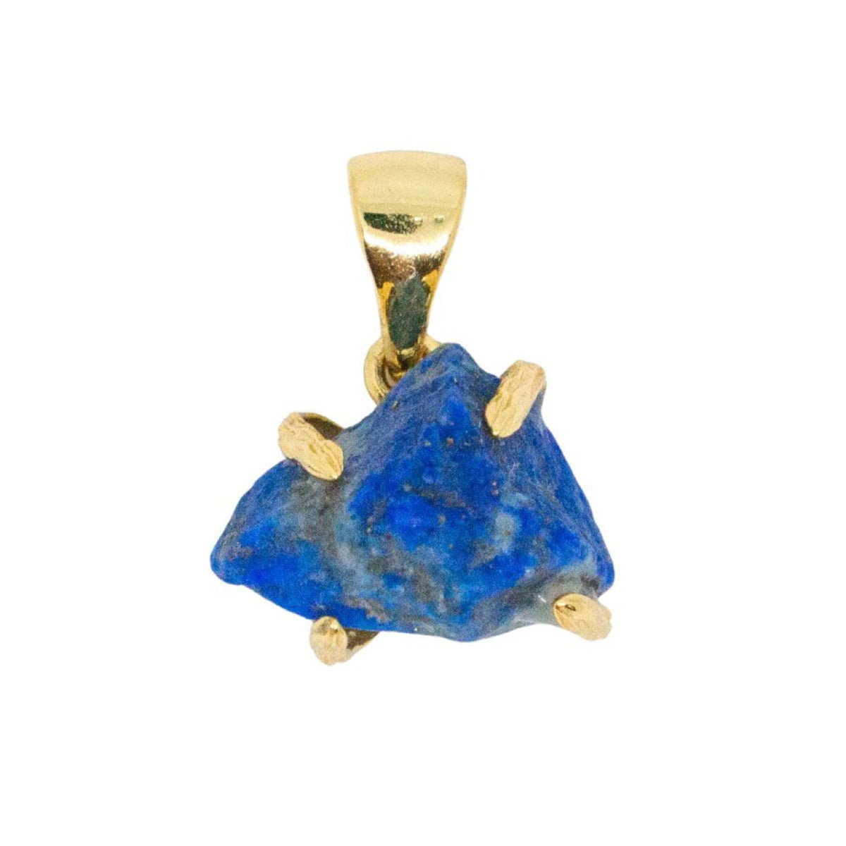 Blue stone pendant with gold accents on a white background