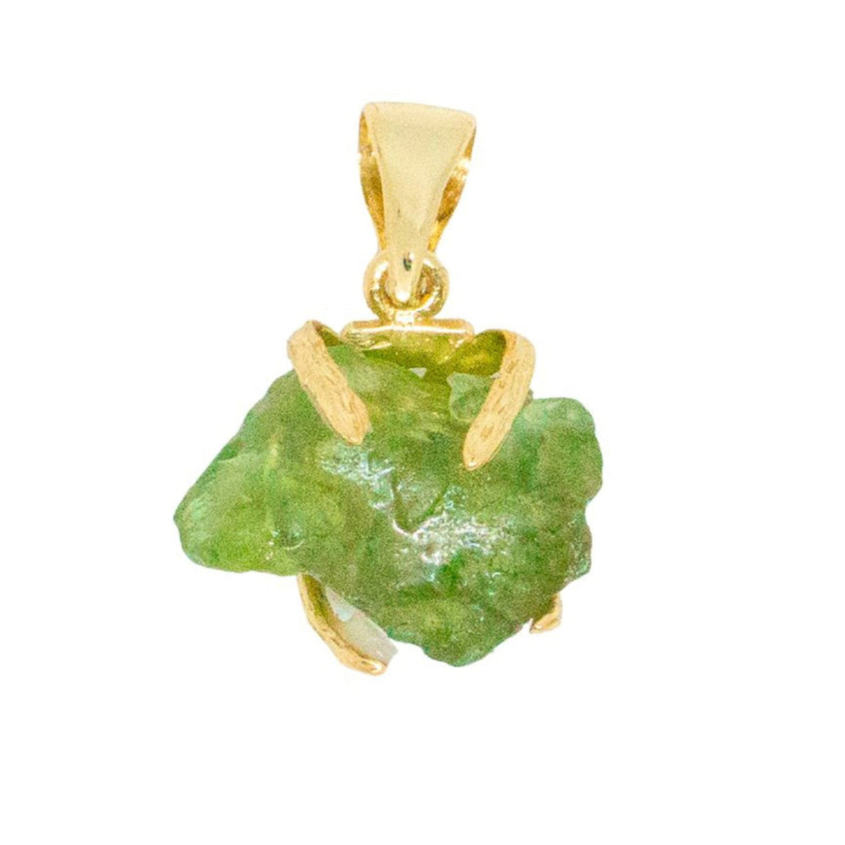 Gold pendant with a green stone on a white background