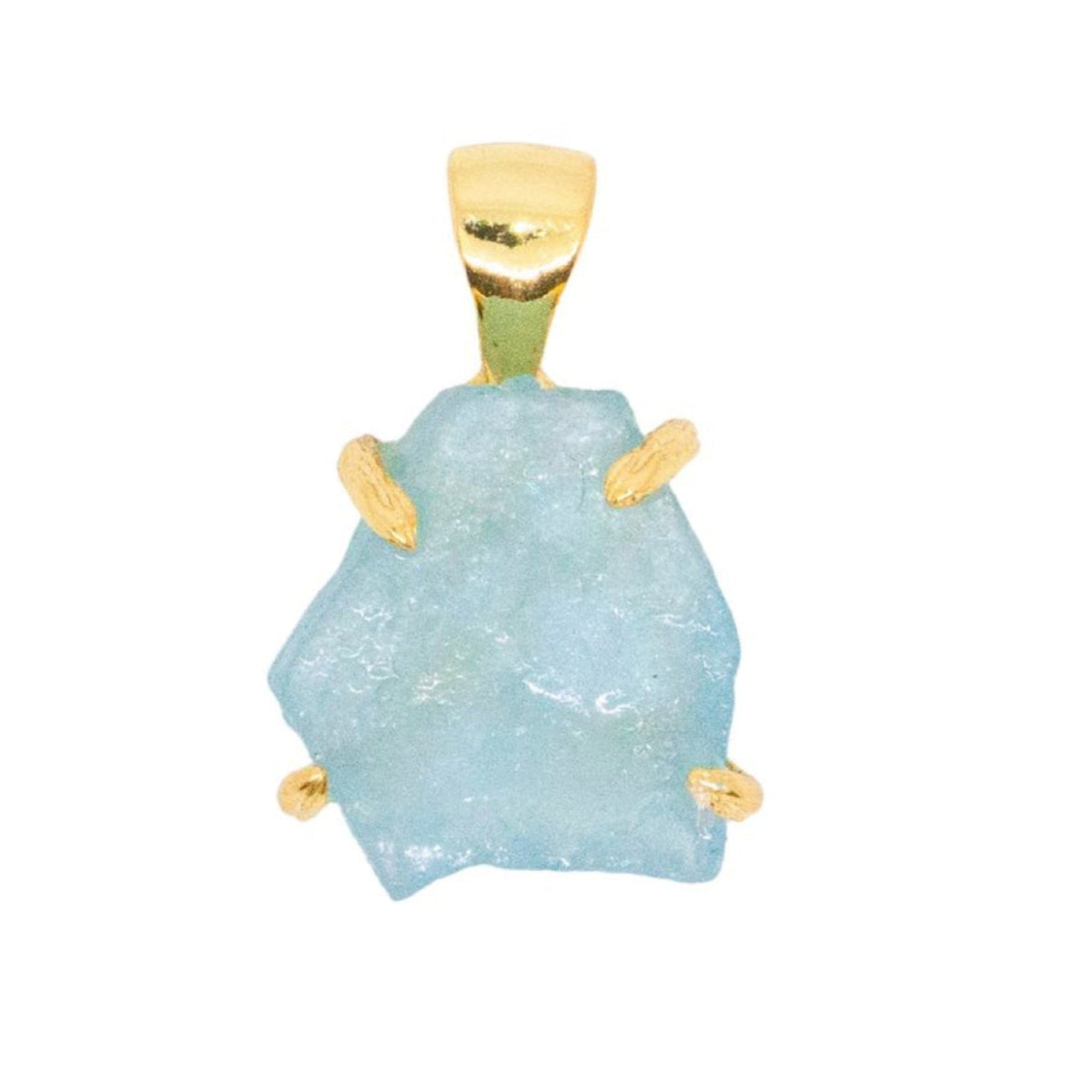 Blue stone pendant with gold accents on a white background