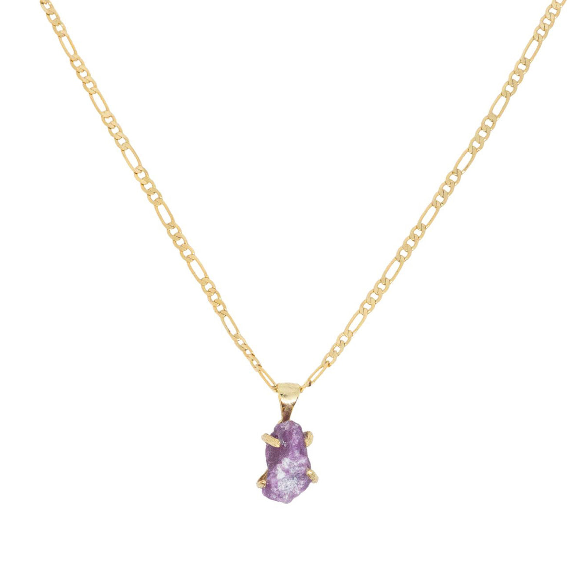 Gold necklace with a purple pendant on a white background