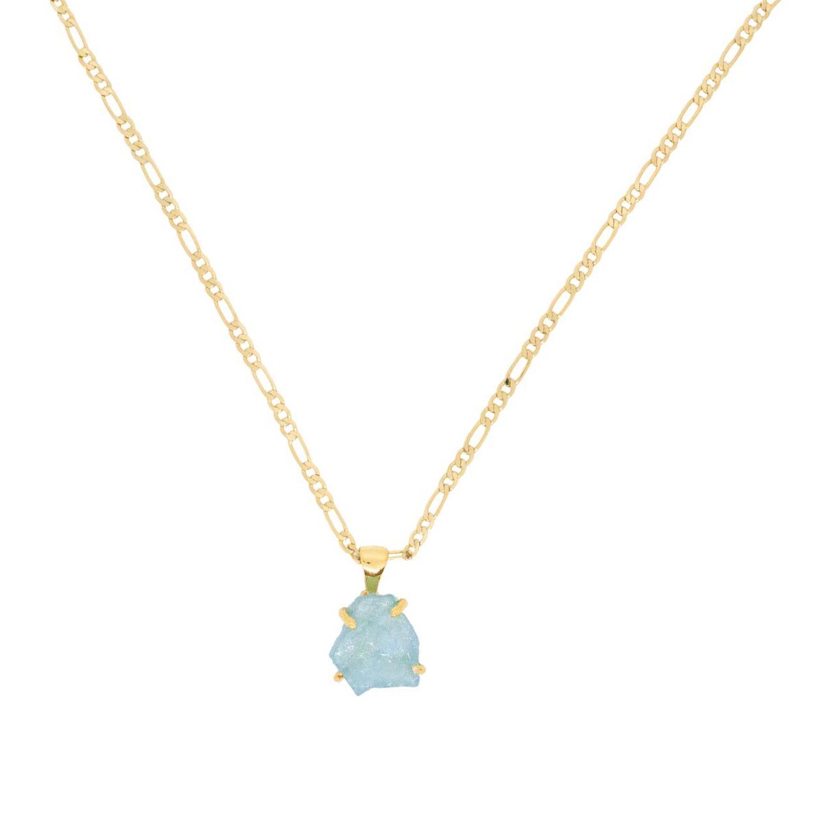 Gold necklace with a light blue stone on a white background