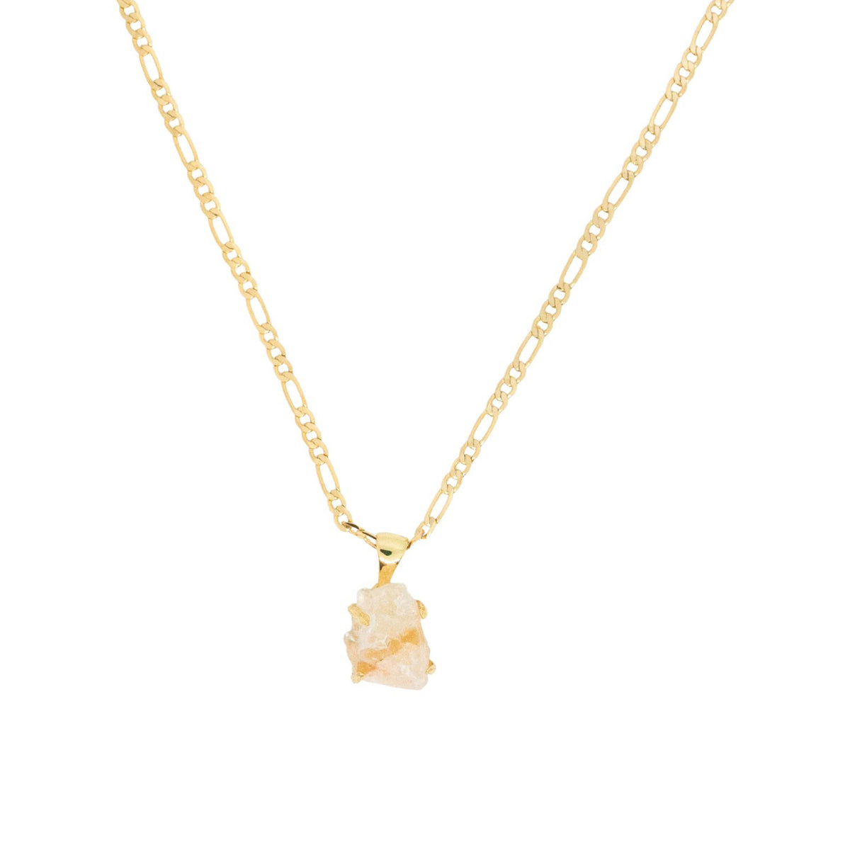 Gold necklace with a beige stone pendant on a white background