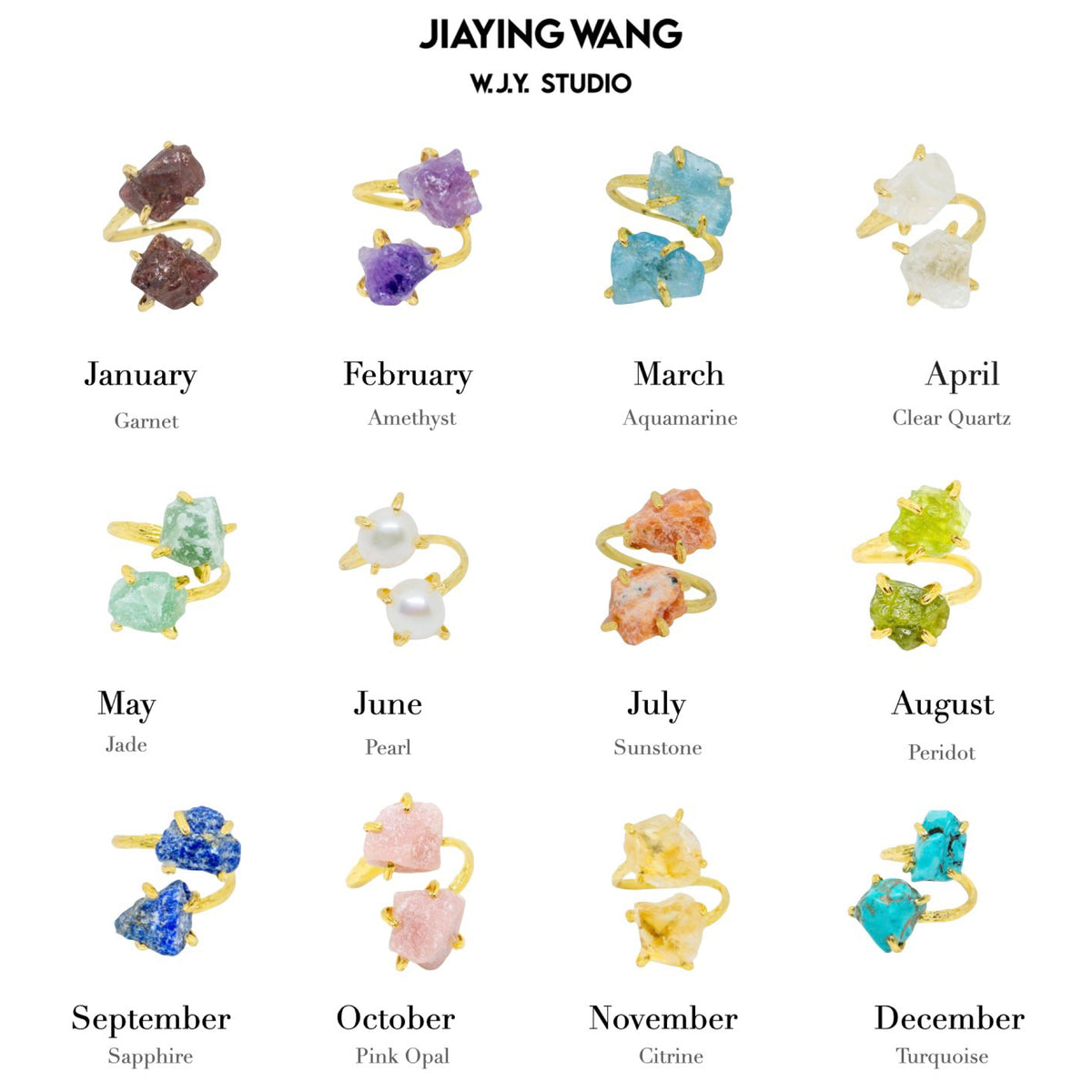 Jiaying Wang jewelry collection with gemstones for each month of the year.