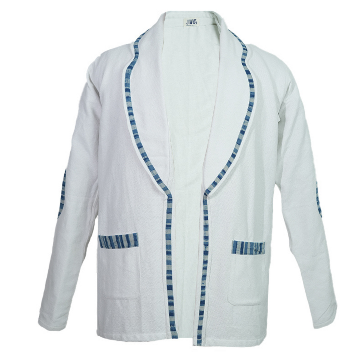 The Baadal Unisex Jacket by JIWYA is a white, long-sleeved open cardigan made from handwoven cotton with indigo and white striped trim, two front pockets, and a relaxed fit.