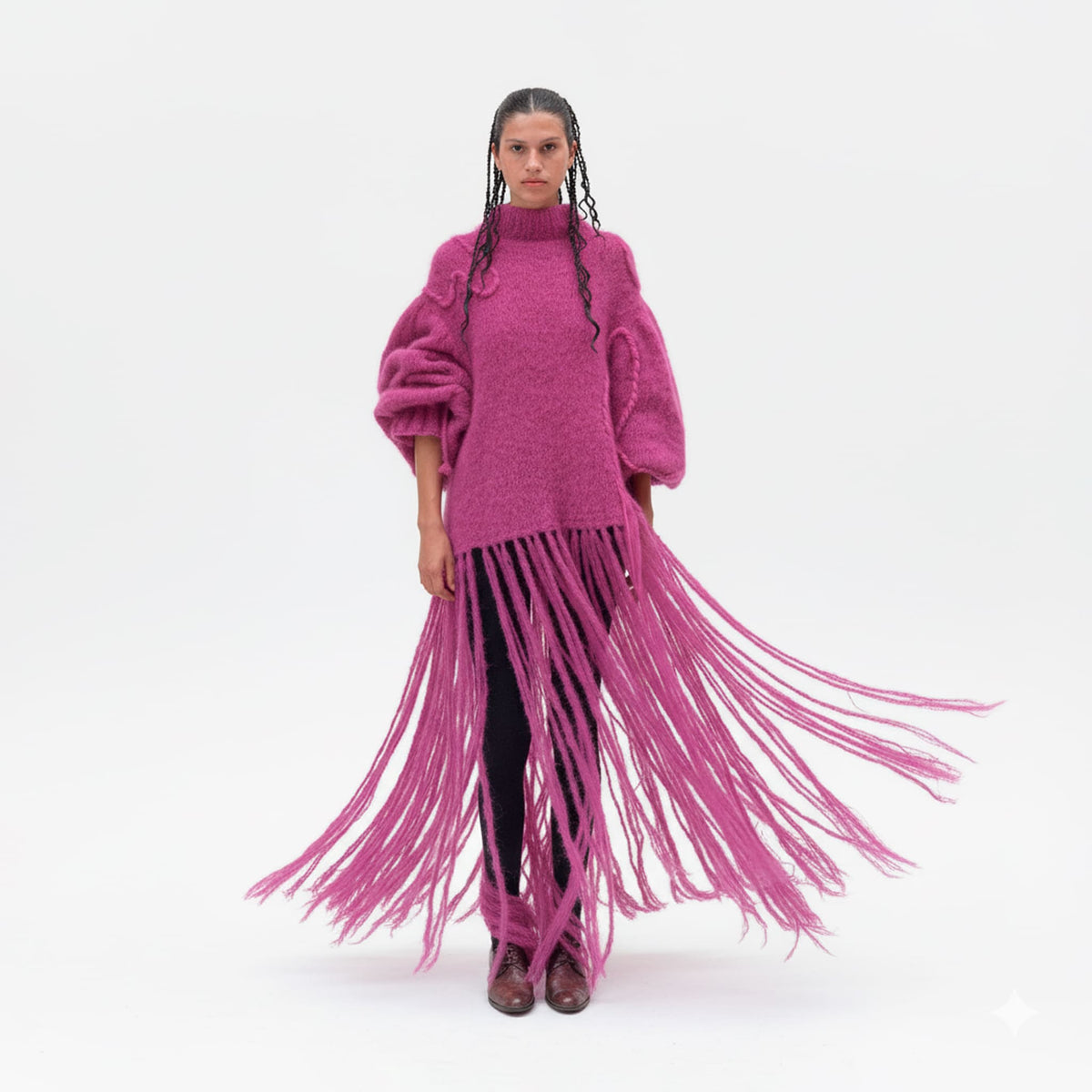 Person wearing a long pink fringe dress on a white background