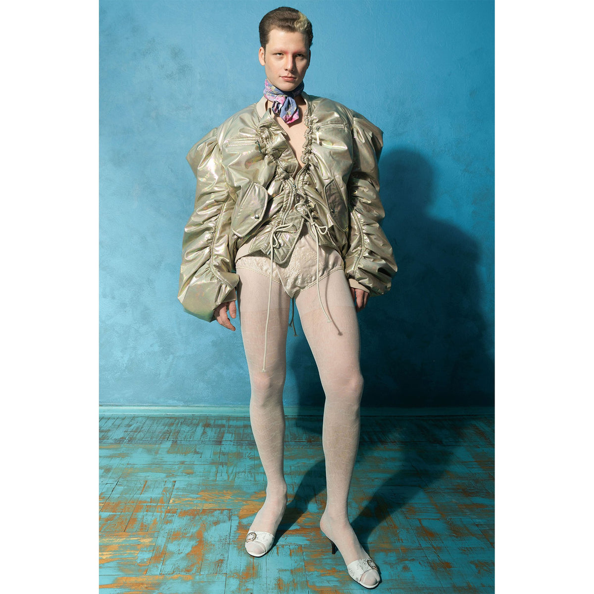 Model wearing beige padded organza micro shorts