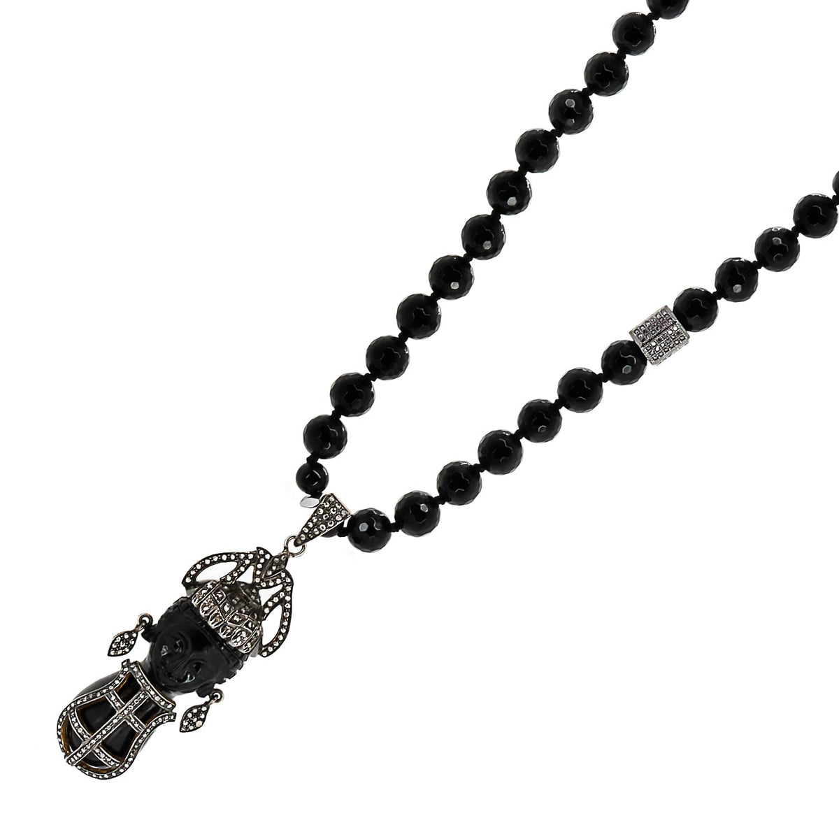 Unique necklace featuring a pave diamond pendant of a black woman, set against 8mm black onyx stone beads and sterling silver accents