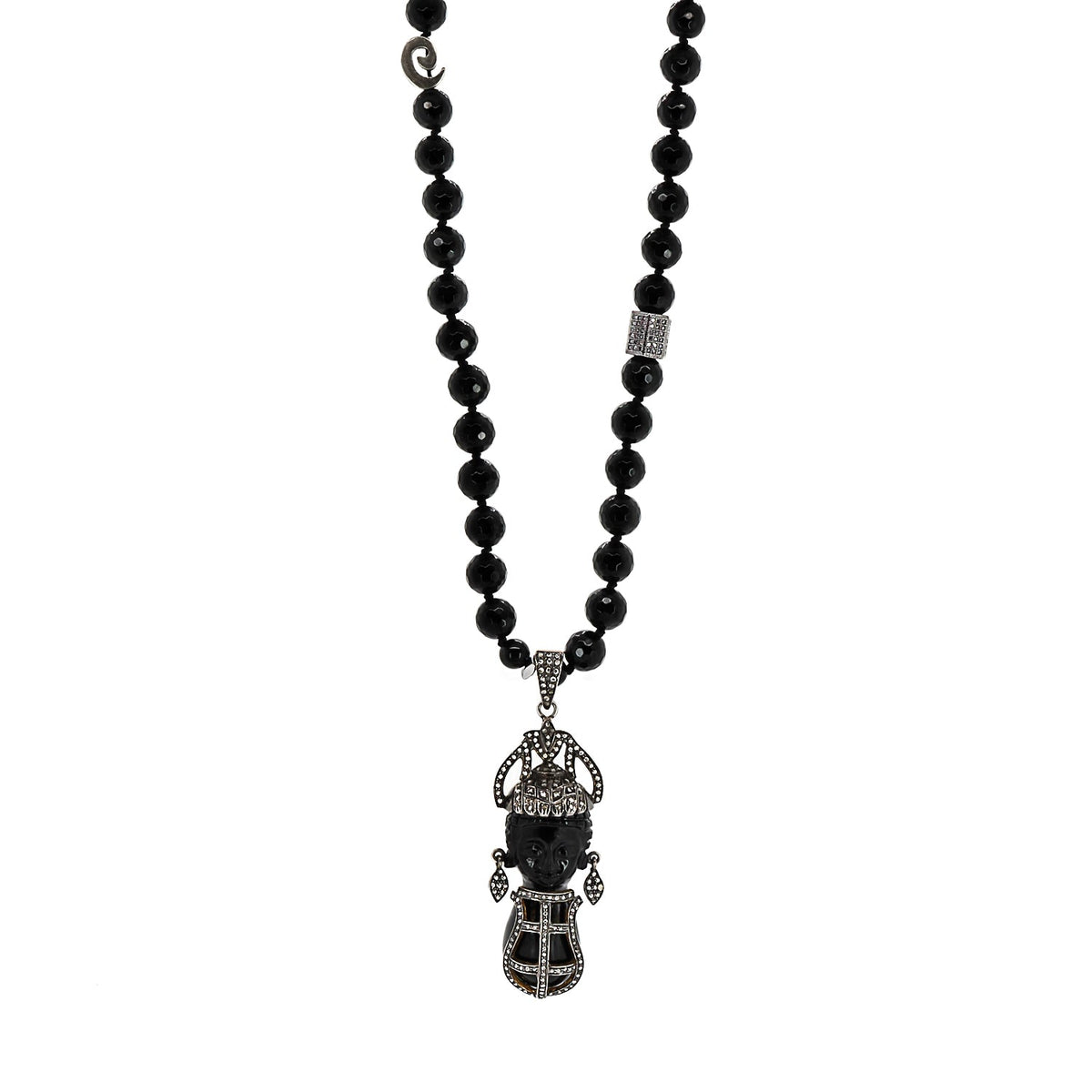 Sterling silver and black onyx necklace with a striking pave diamond pendant, reflecting modern sophistication and traditional beauty