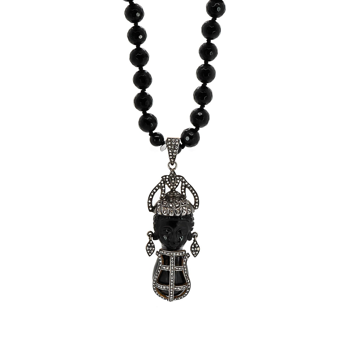 Elegant necklace with 8mm black onyx stone beads and a vintage pave diamond pendant featuring a black woman design