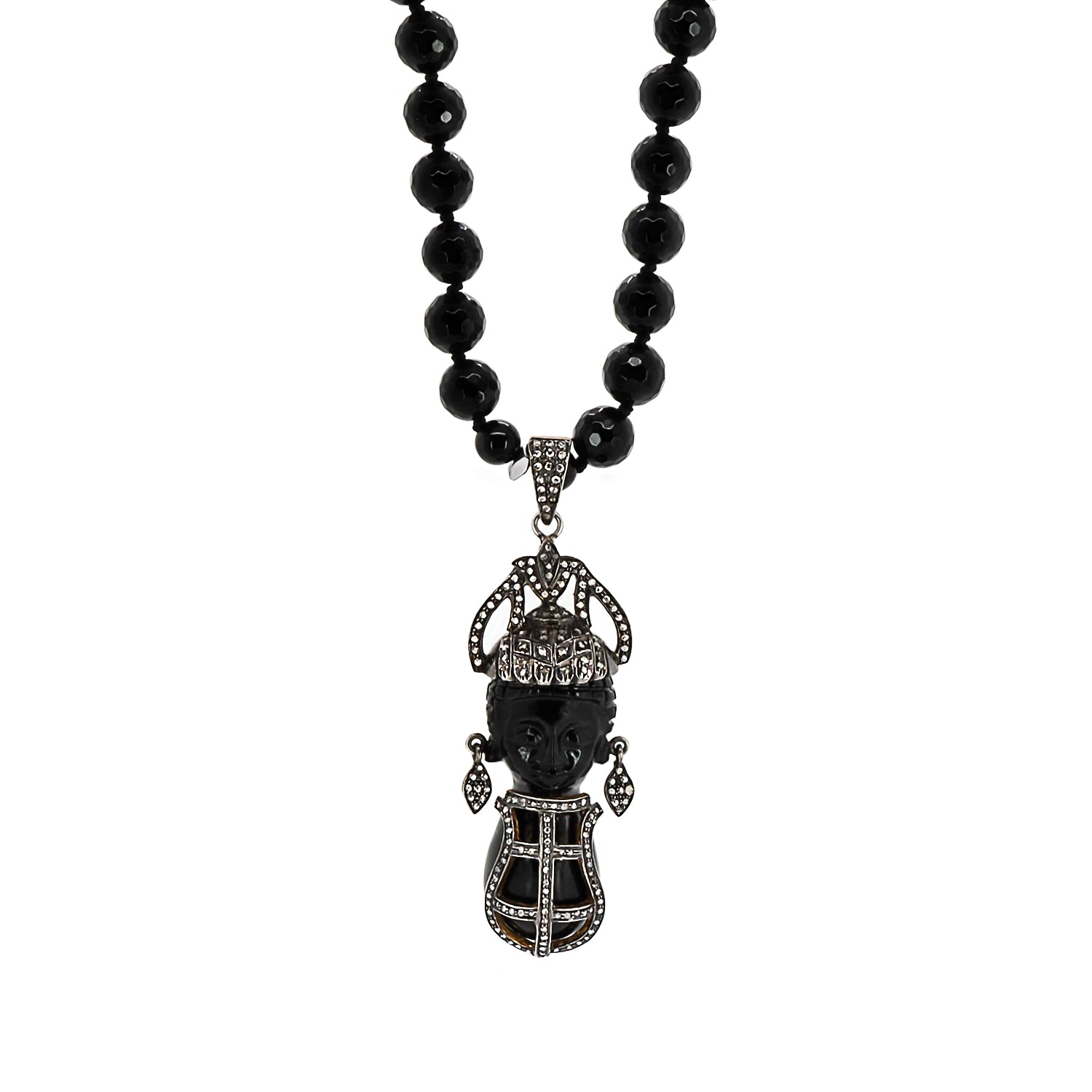 Elegant necklace with 8mm black onyx stone beads and a vintage pave diamond pendant featuring a black woman design