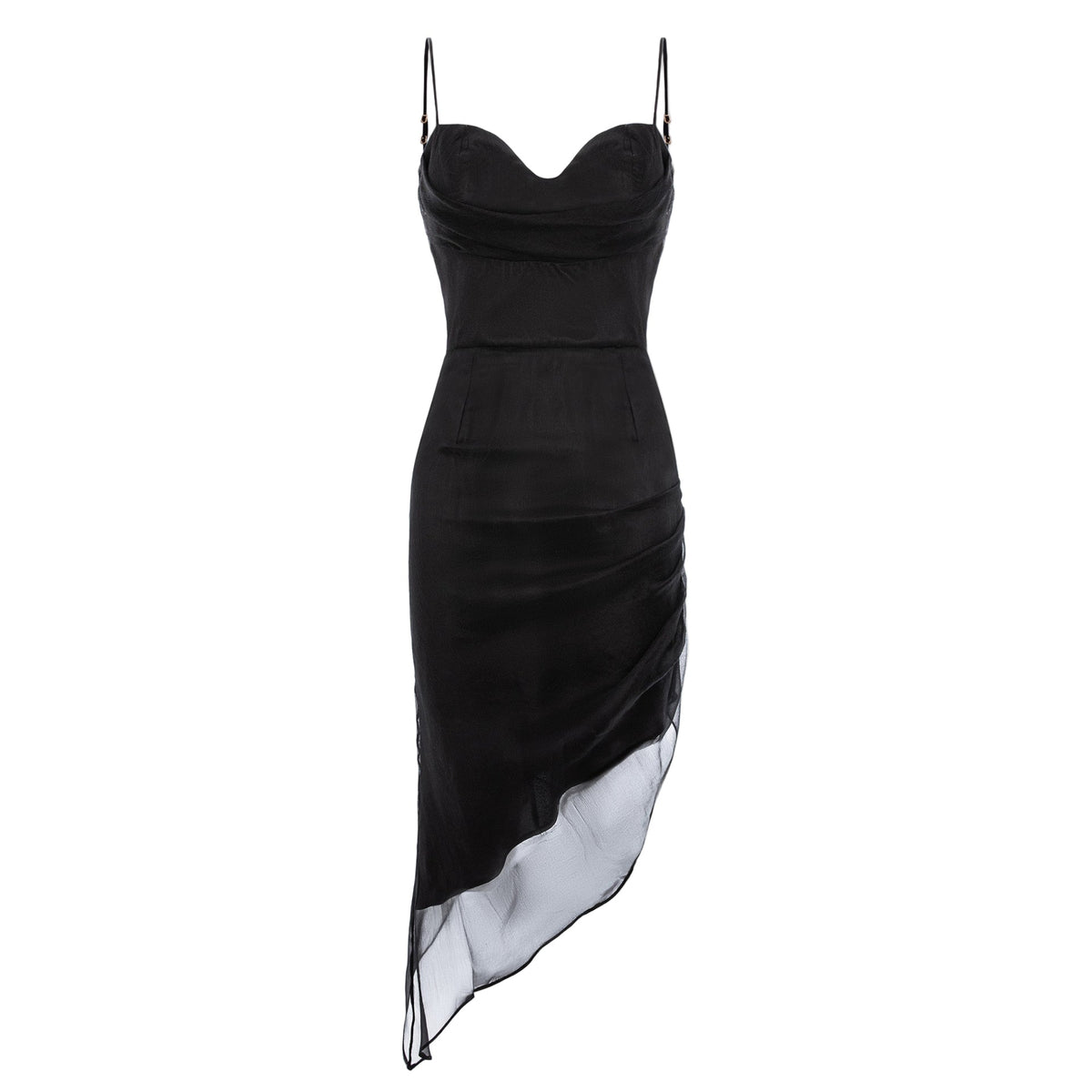 Black strap dress with sheer overlay on a white background