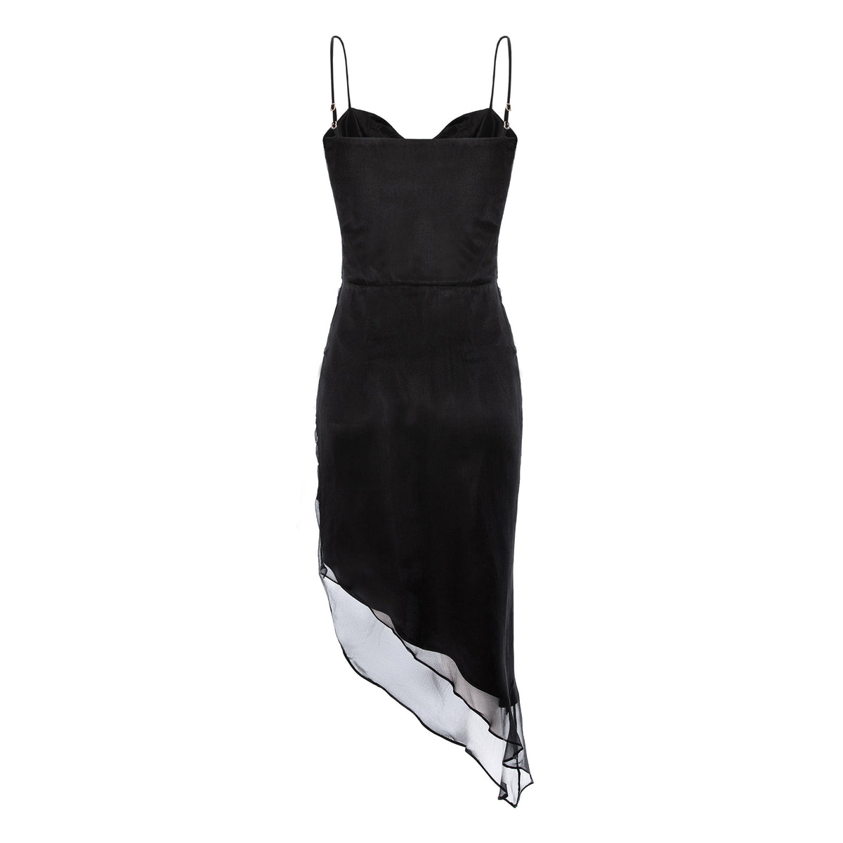 Black dress with sheer overlay on a white background