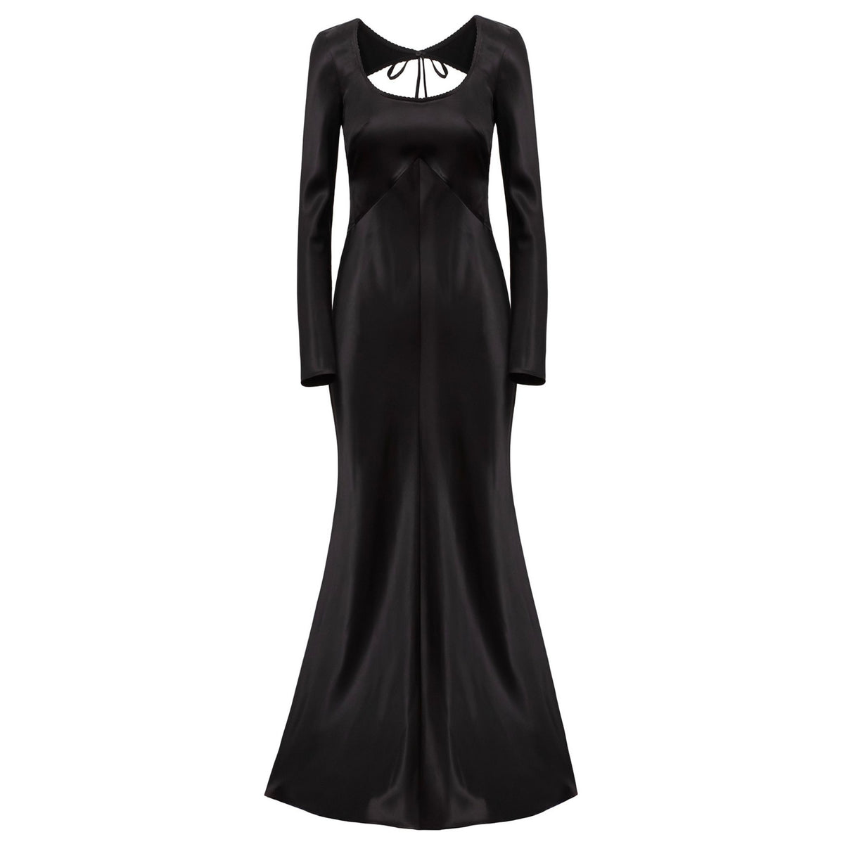 Black evening gown with cut-out design on a white background