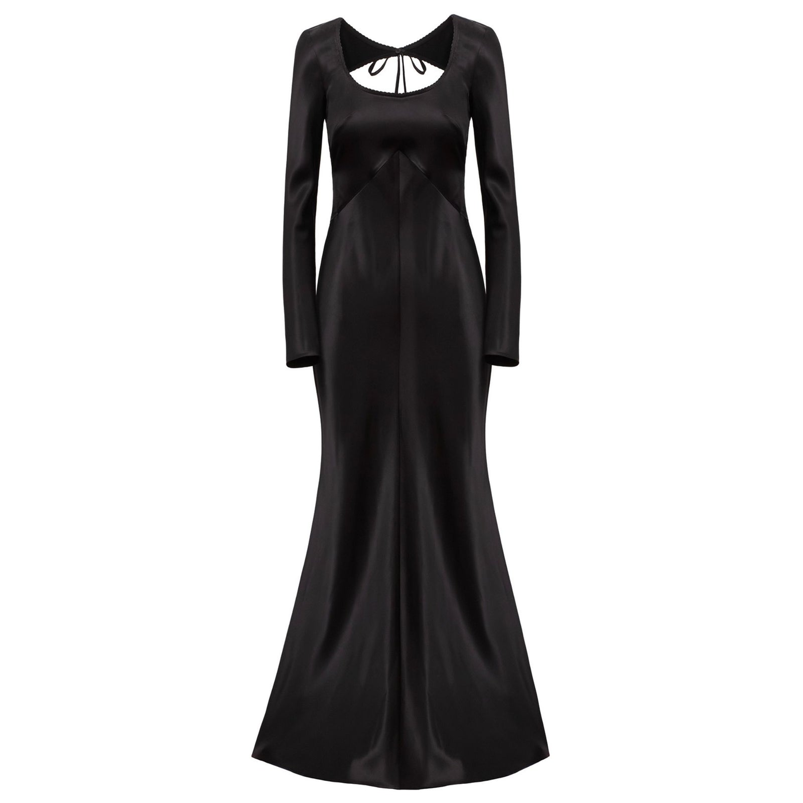 Black evening gown with cut-out design on a white background