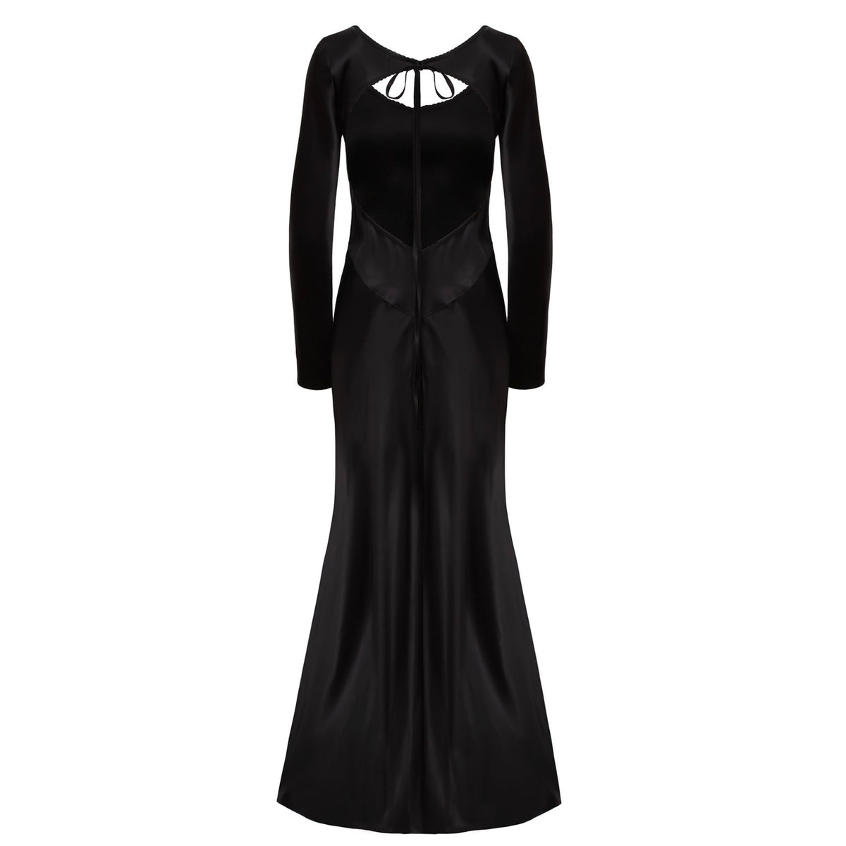 Black evening gown with long sleeves on a white background