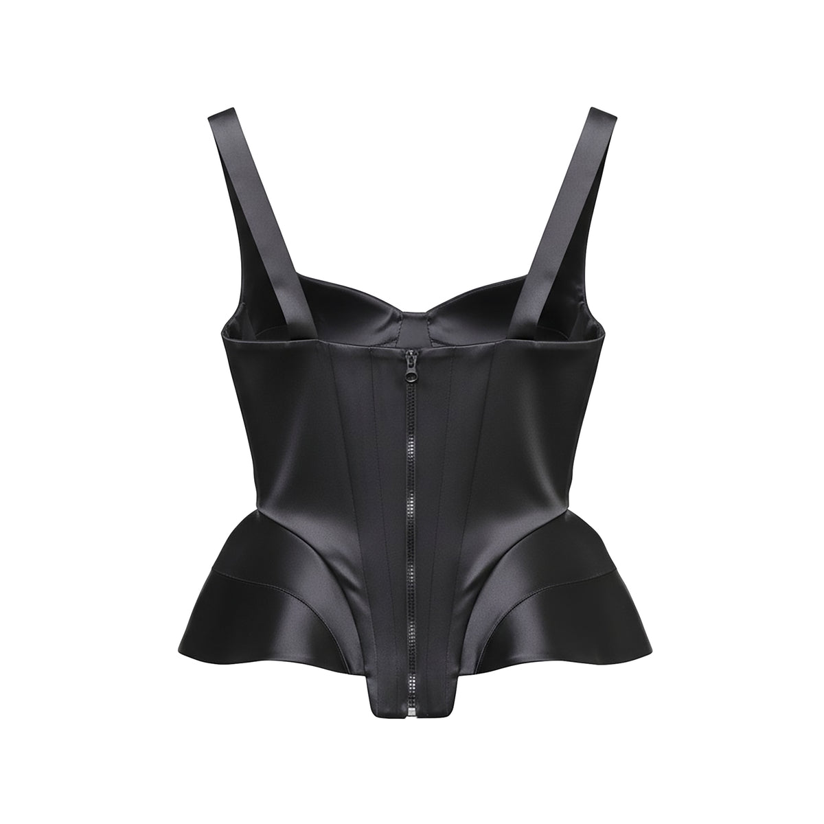 Black leather bodysuit with thin straps on a white background