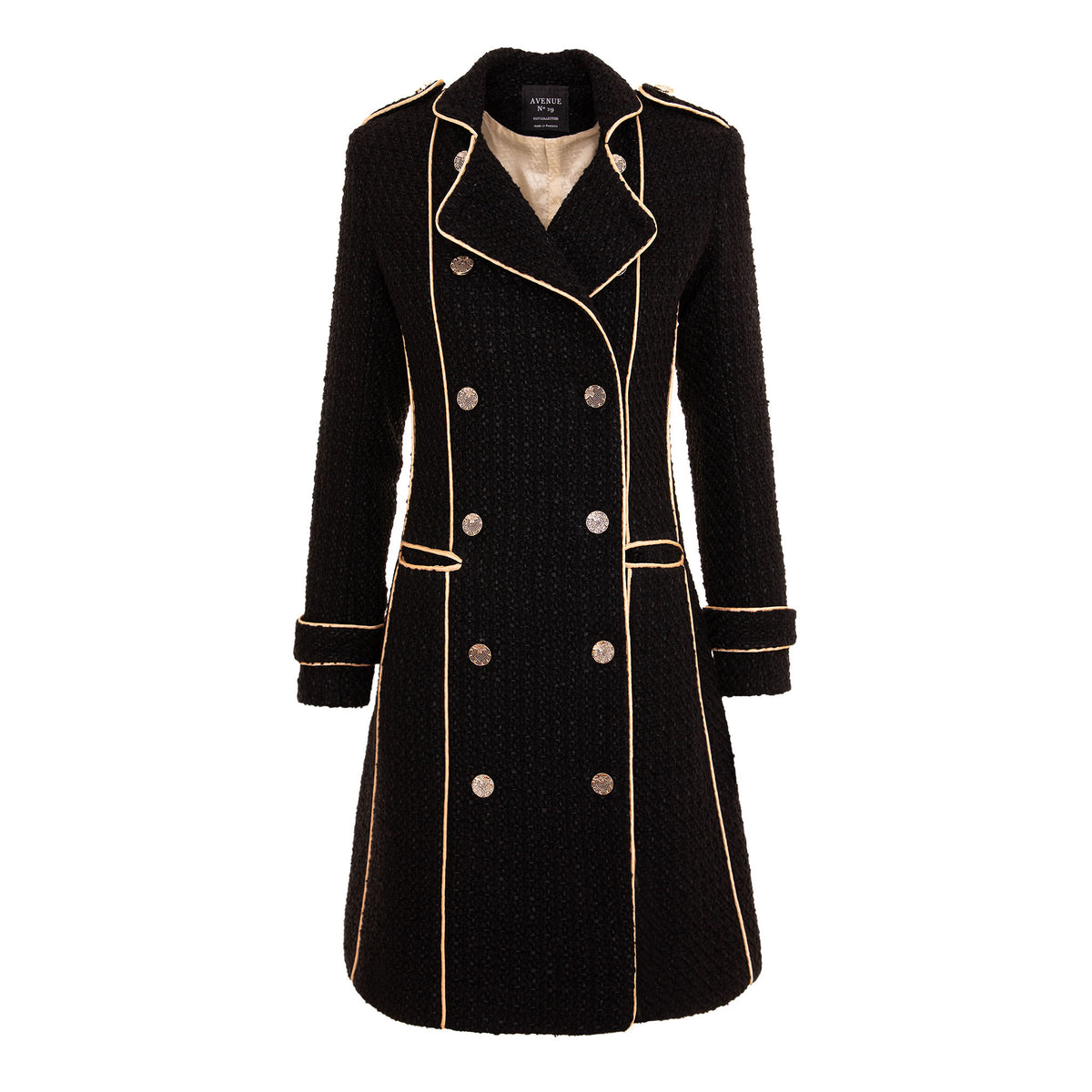 Black coat with gold trim on a white background