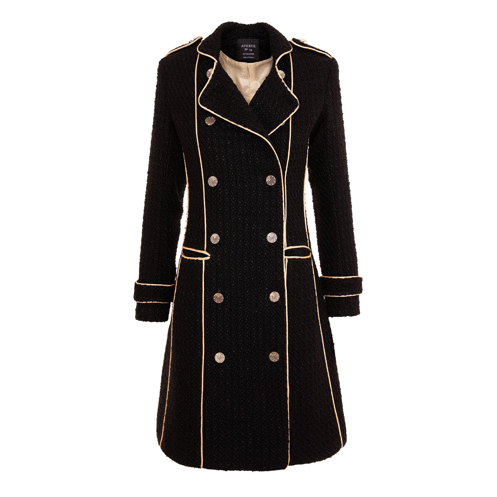 Black coat with gold trim on a white background