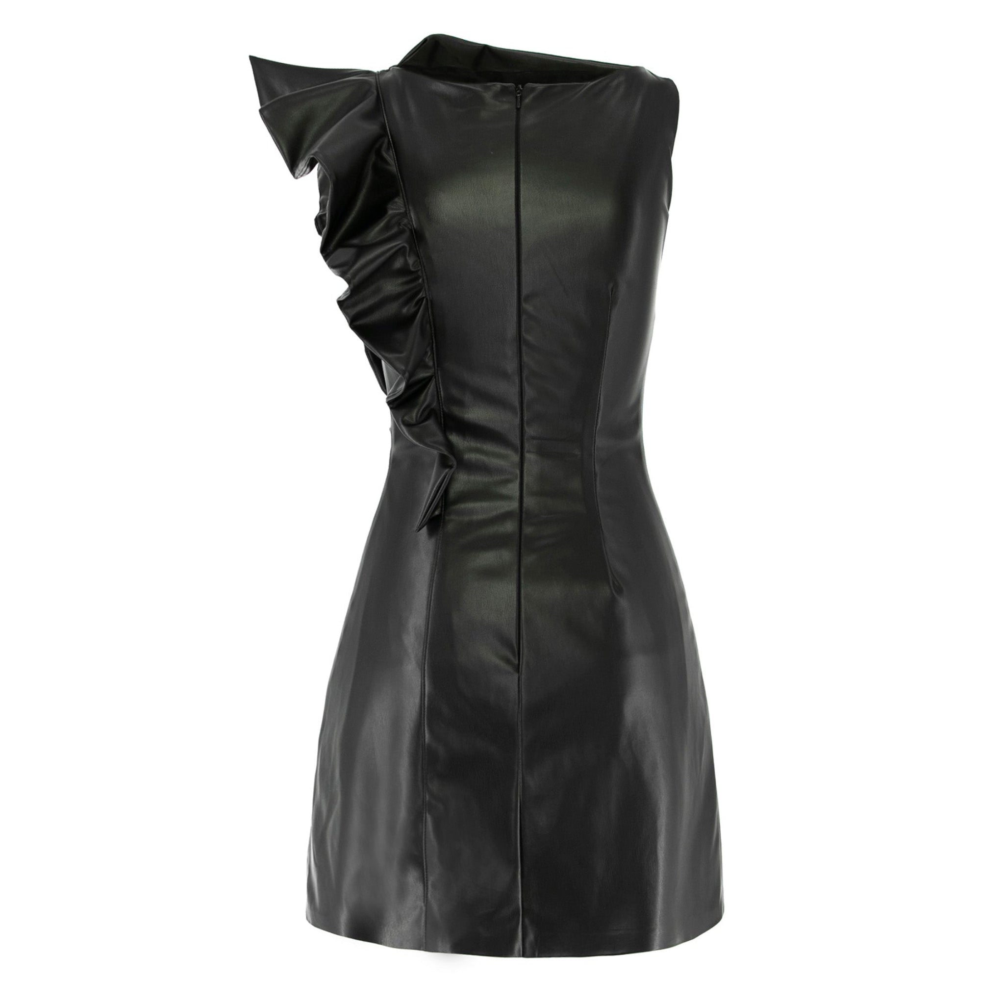 Black leather dress with a bow detail on a white background