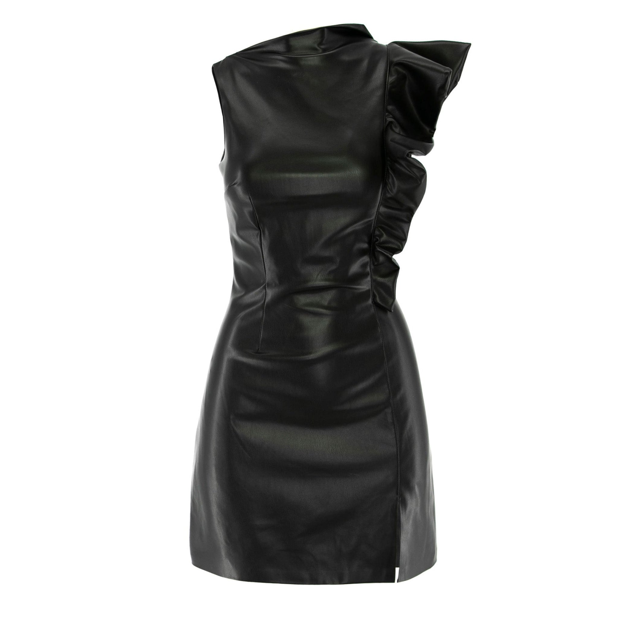 Black leather dress with ruffled shoulder on a white background
