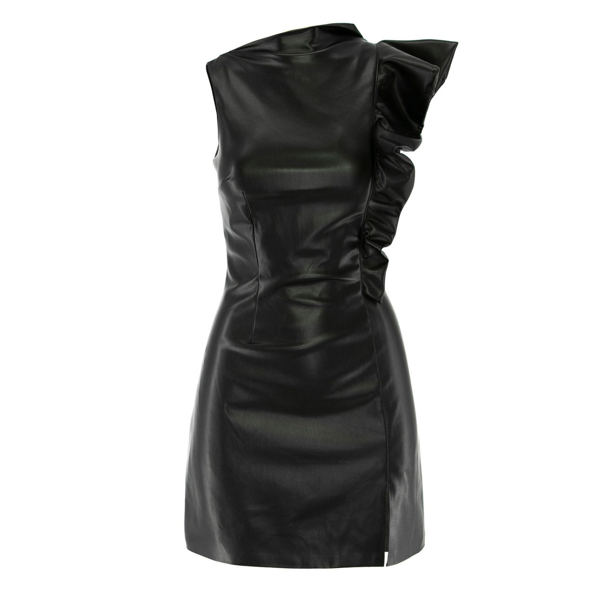 Black leather dress with ruffled shoulder on a white background