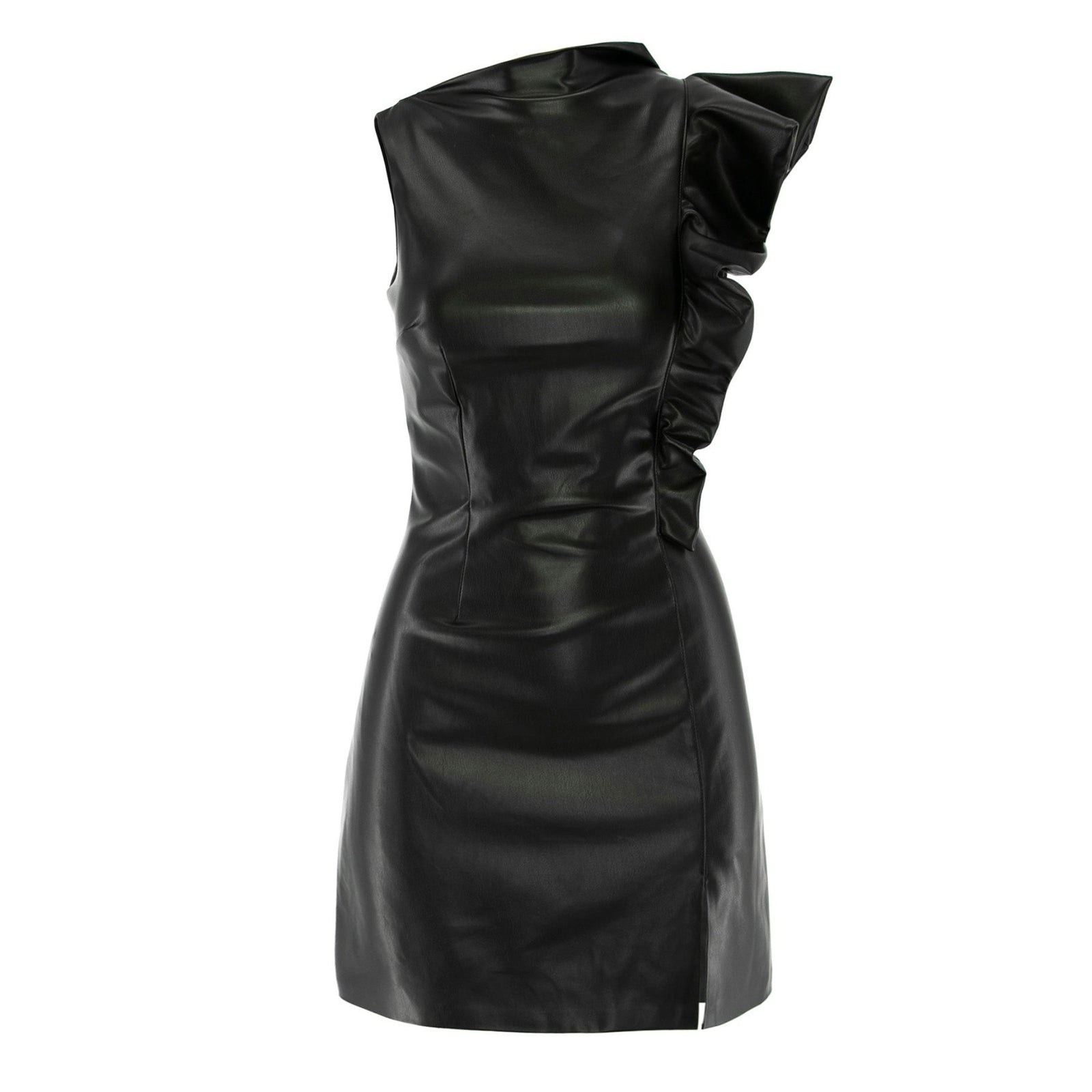 Black leather dress with ruffled shoulder on a white background