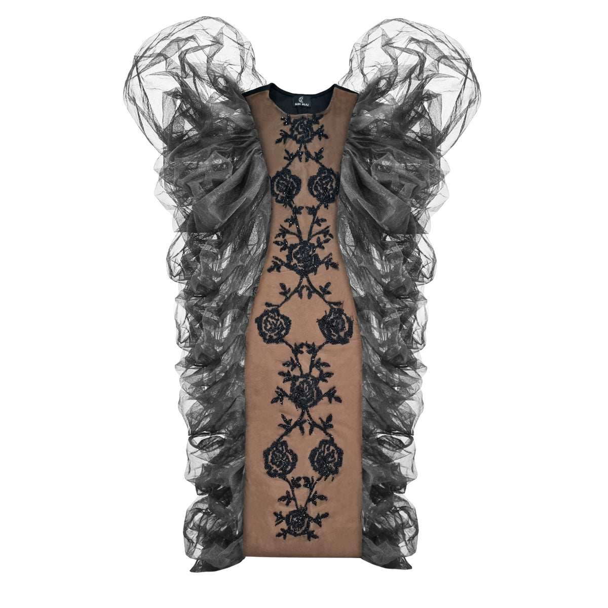 ELSA NILAJ - Black Rose Embroidered Tulle Statement Gown, buy at DOORS NYC