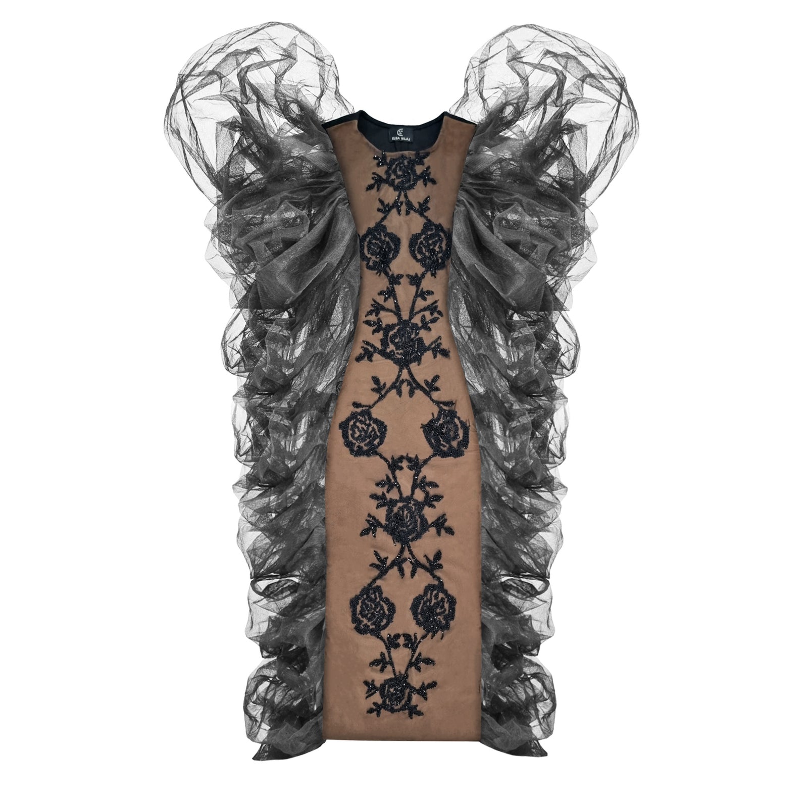 ELSA NILAJ - Black Rose Embroidered Tulle Statement Gown, buy at DOORS NYC