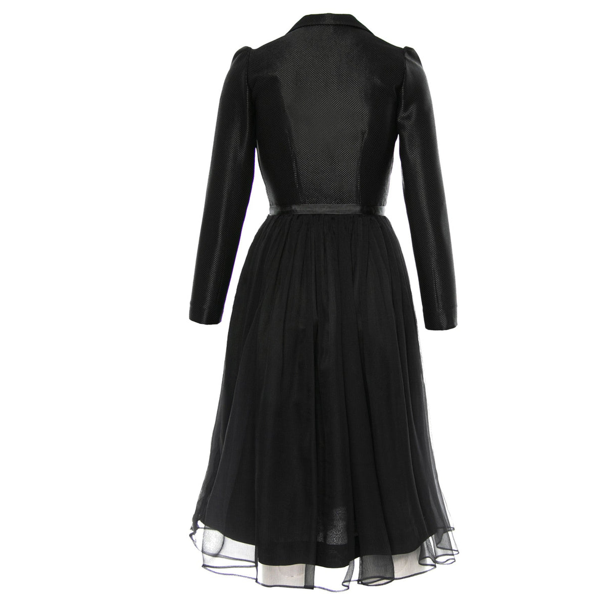 Black dress with sheer overlay on a white background
