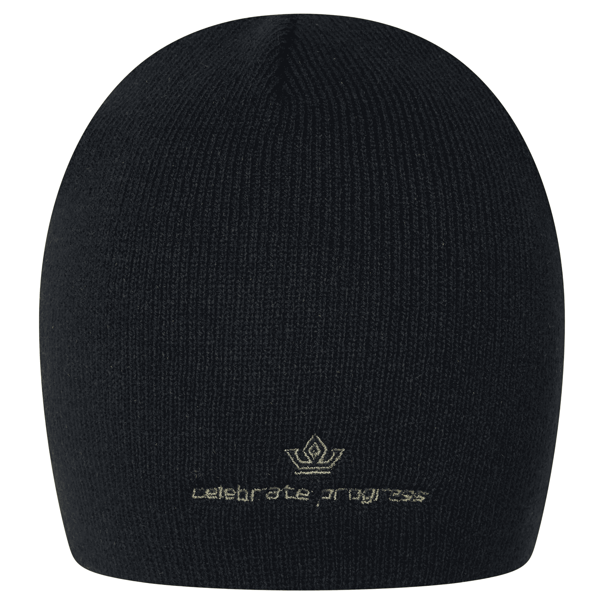 Reverse back view showing khaki skeleton crown embroidery on black beanie