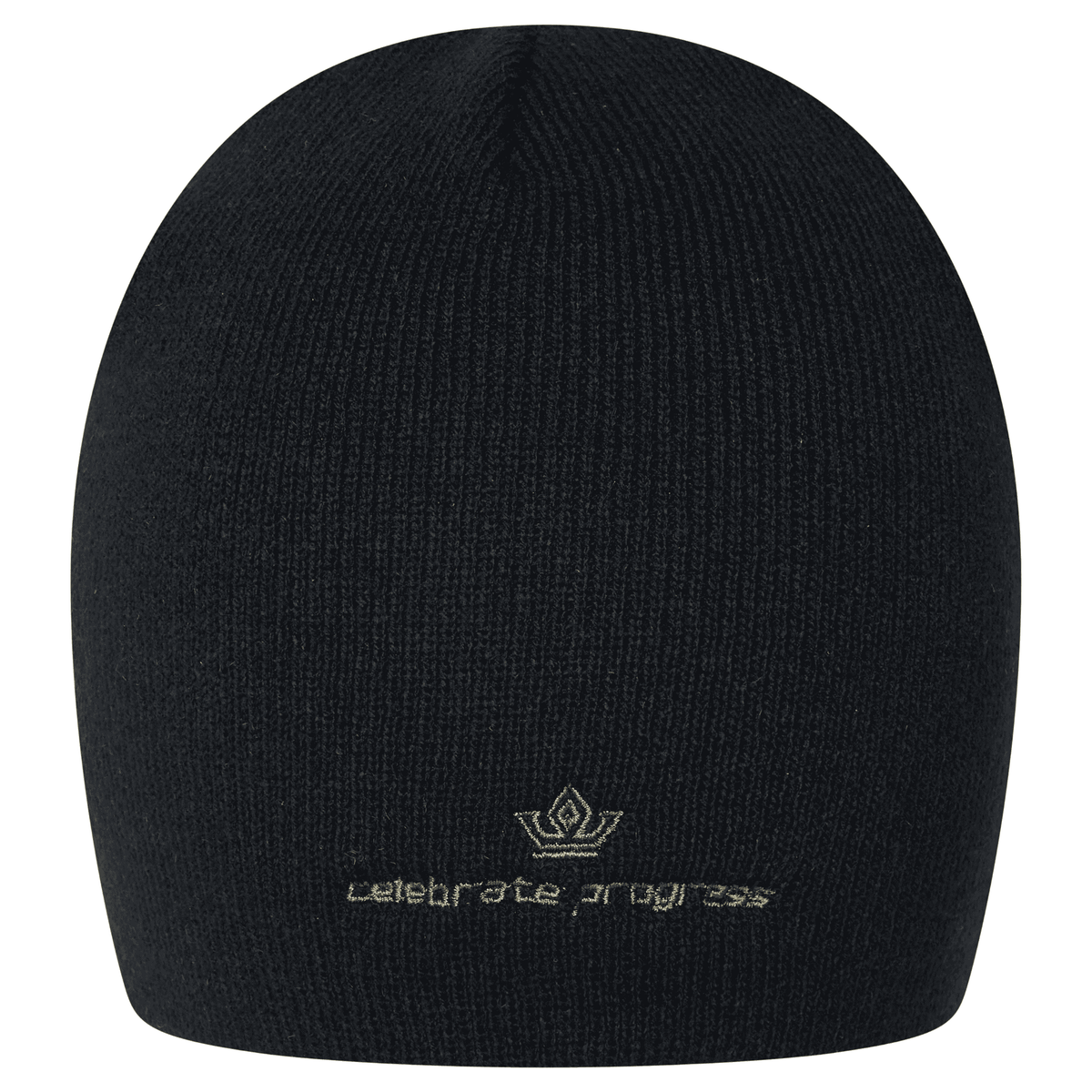 Reverse back view showing khaki skeleton crown embroidery on black beanie