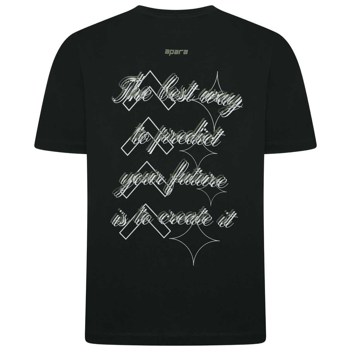 Black t-shirt with white text and design on a white background