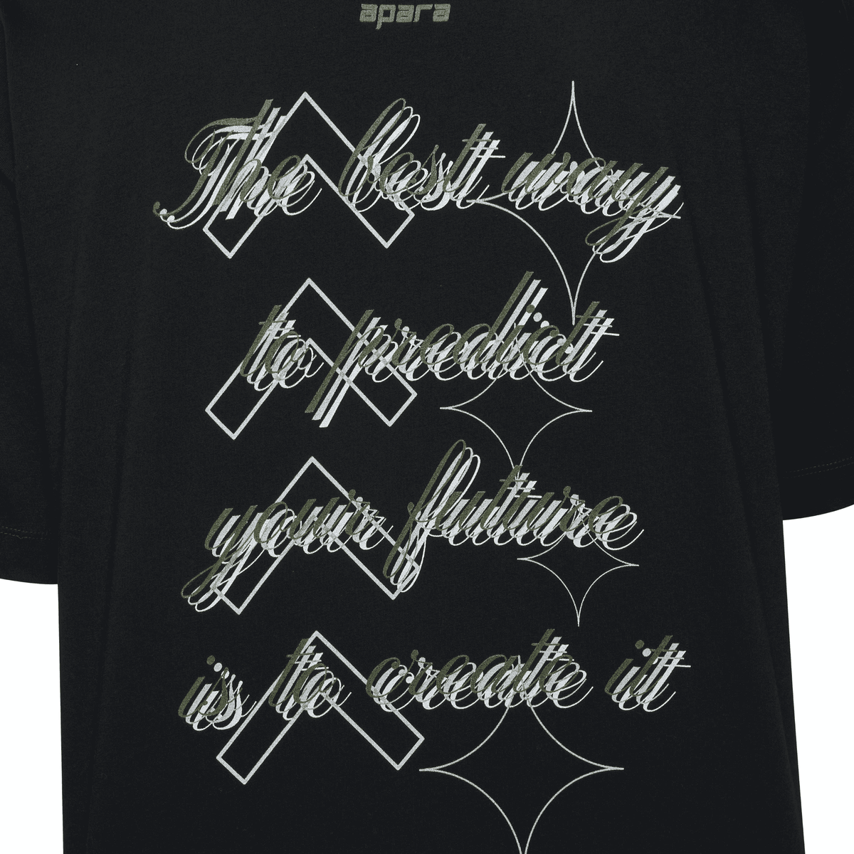 Black t-shirt with white text and design on a plain background