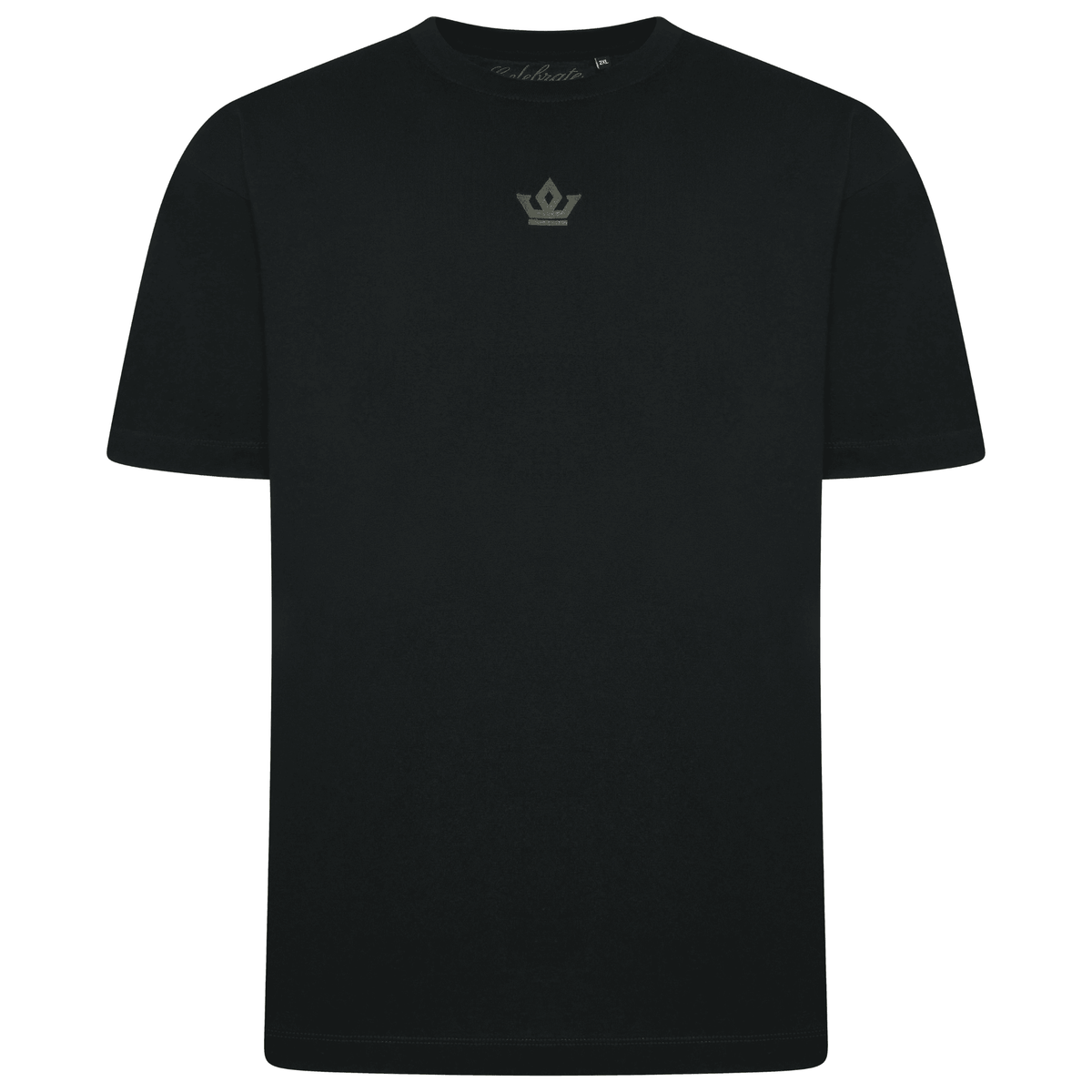 Black t-shirt with a small logo on a white background