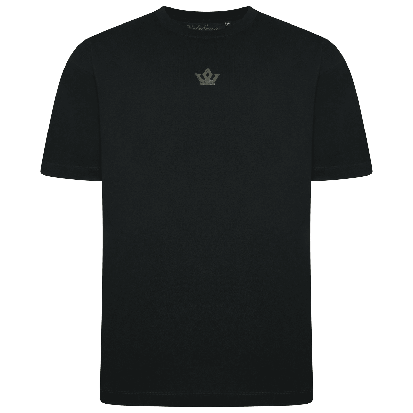 Black t-shirt with a small logo on a white background