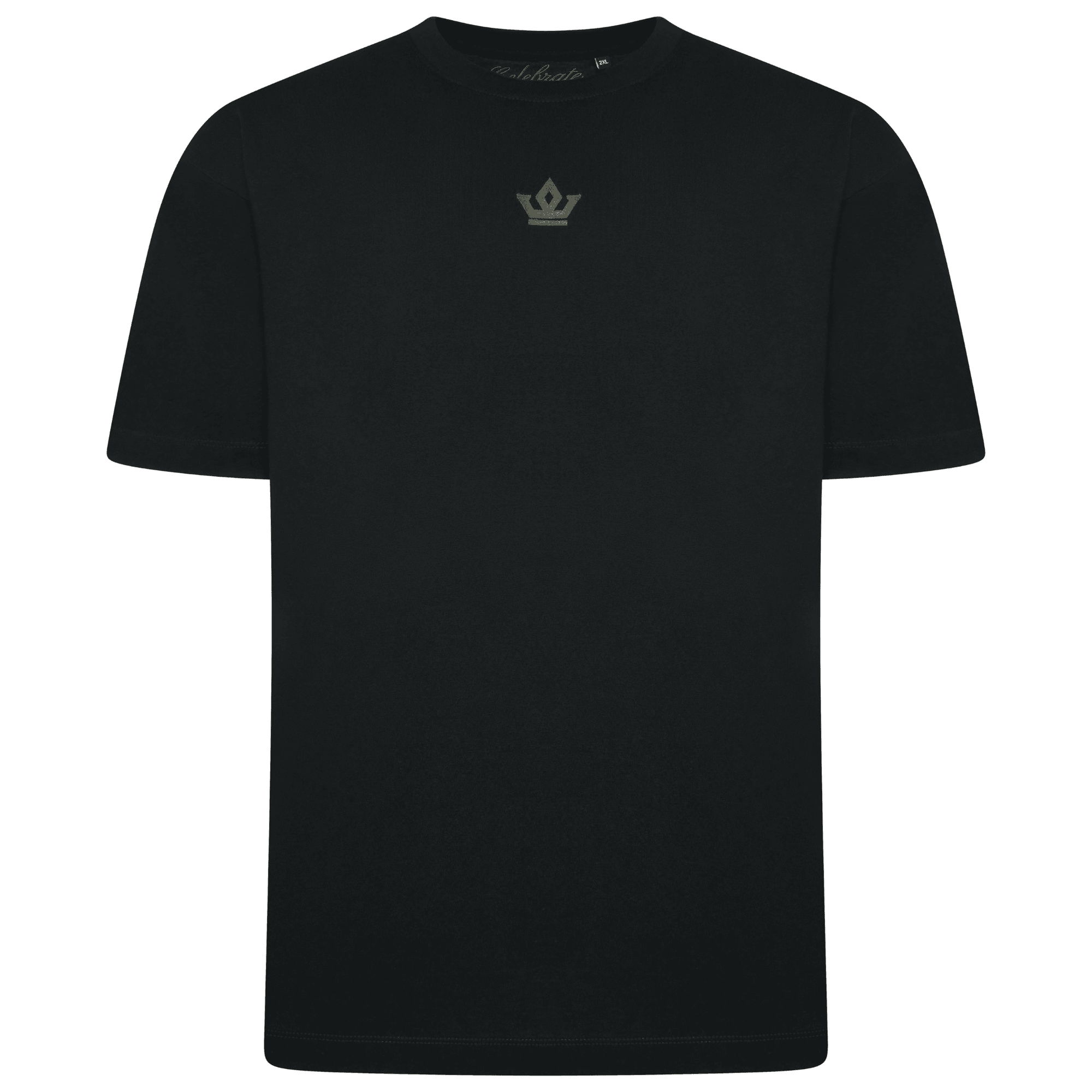 Black t-shirt with a small logo on a white background