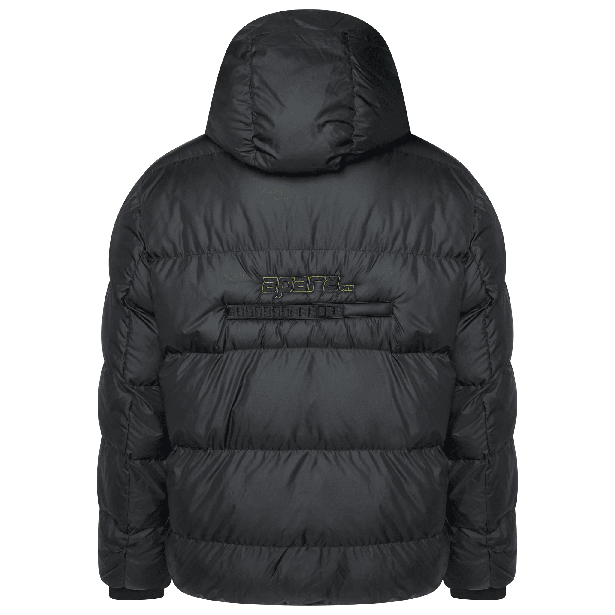 Back view of black khaki puffer jacket showing large khaki APARA LOADING logo embroidery