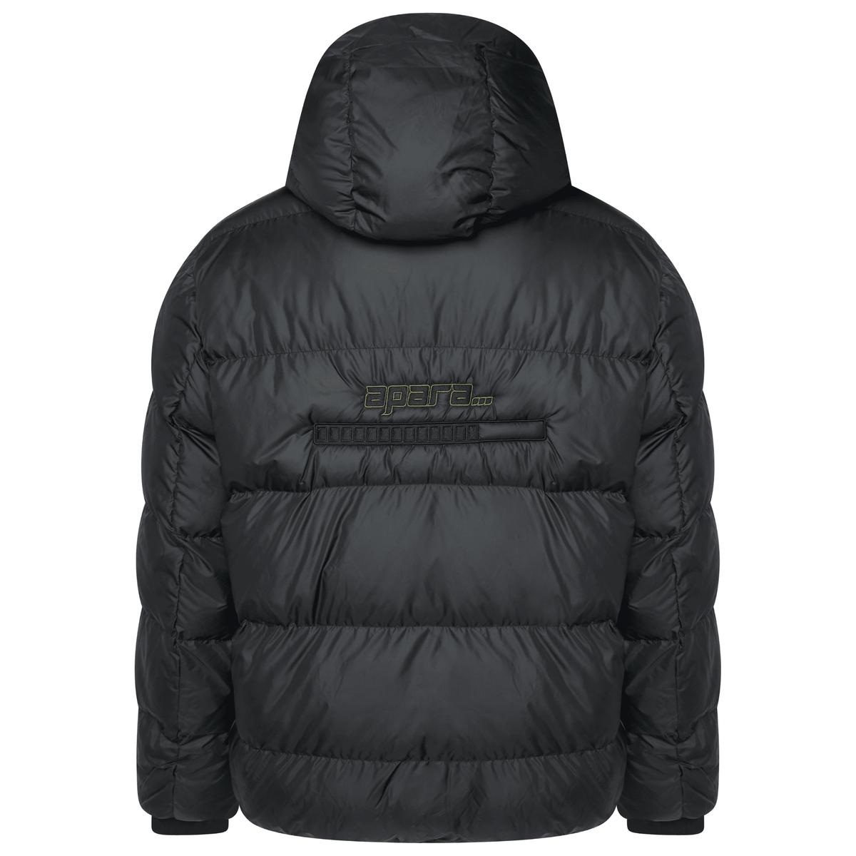 Back view of black khaki puffer jacket showing large khaki APARA LOADING logo embroidery