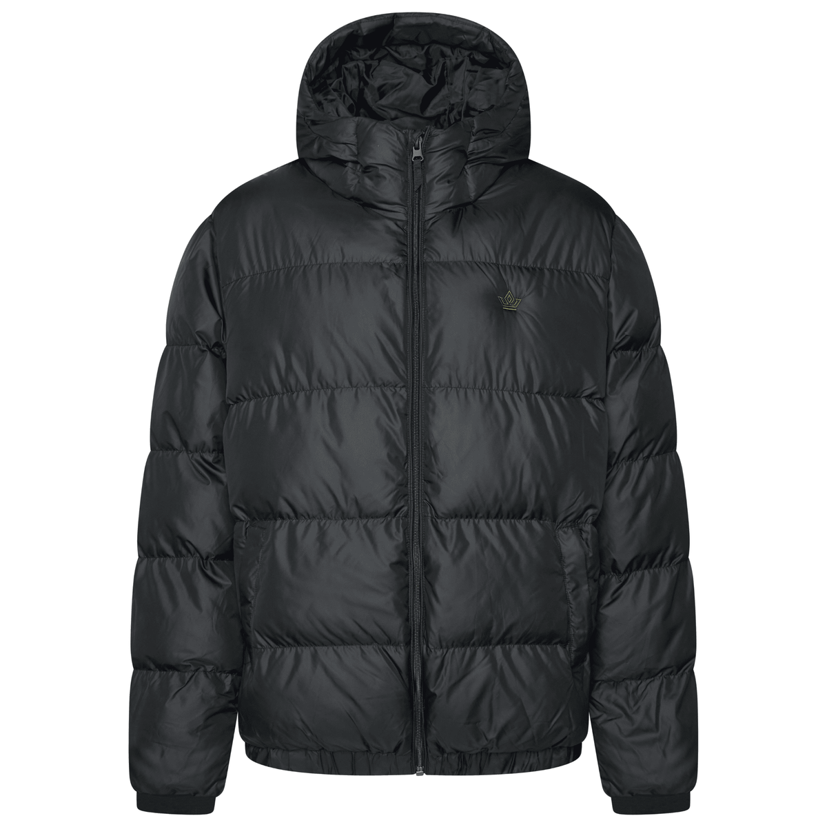 Front view of black khaki oversized puffer jacket with skeleton crown embroidery by ACRA