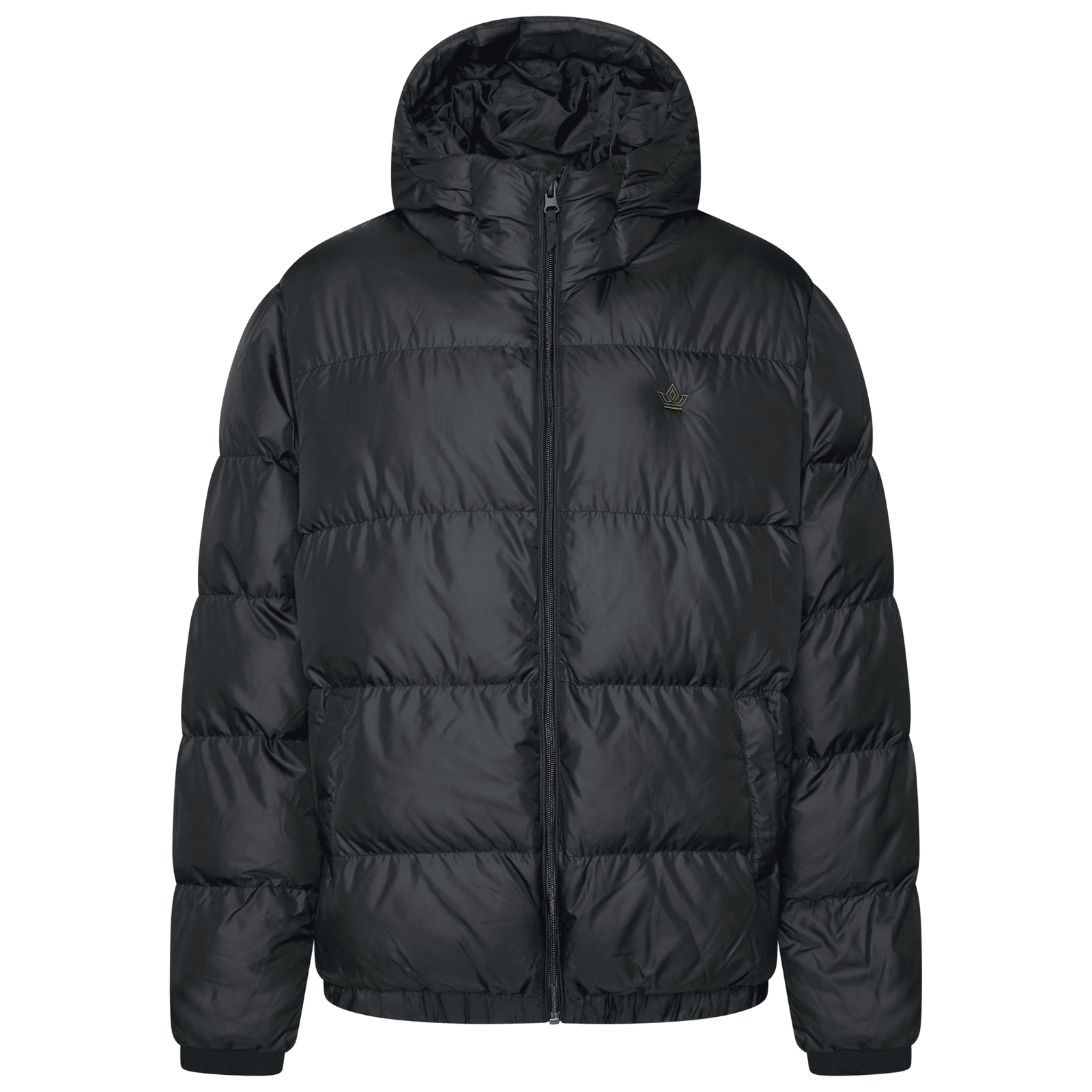 Front view of black khaki oversized puffer jacket with skeleton crown embroidery by ACRA