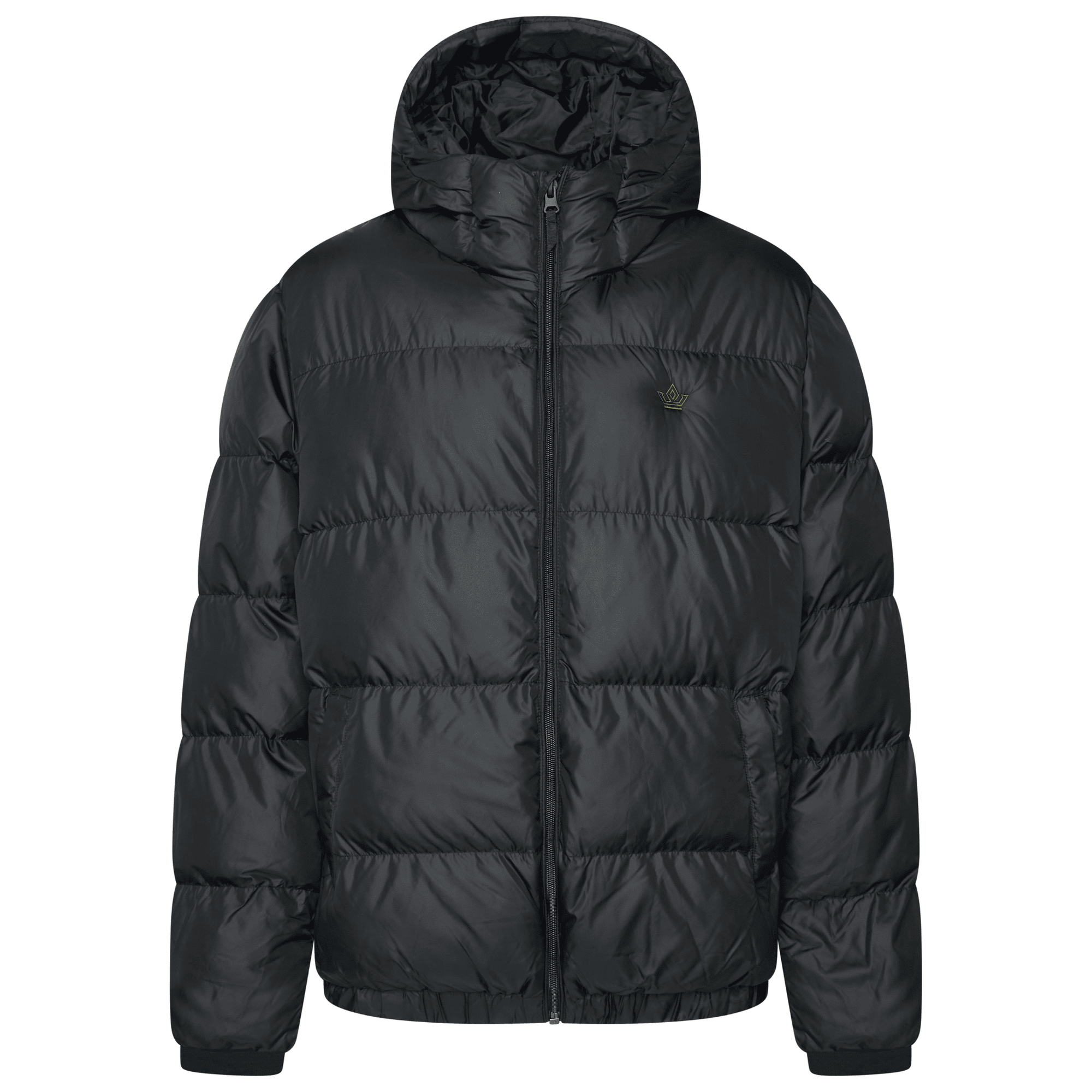 Front view of black khaki oversized puffer jacket with skeleton crown embroidery by ACRA