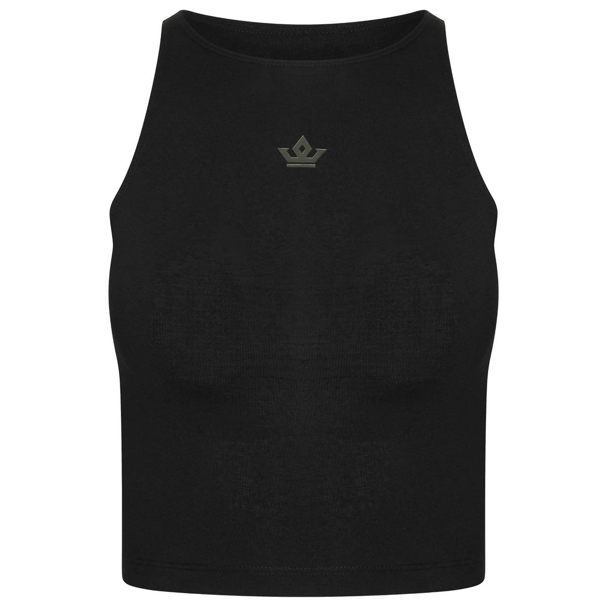 Front view of Black/Khaki crop top showing Orchid Crown print