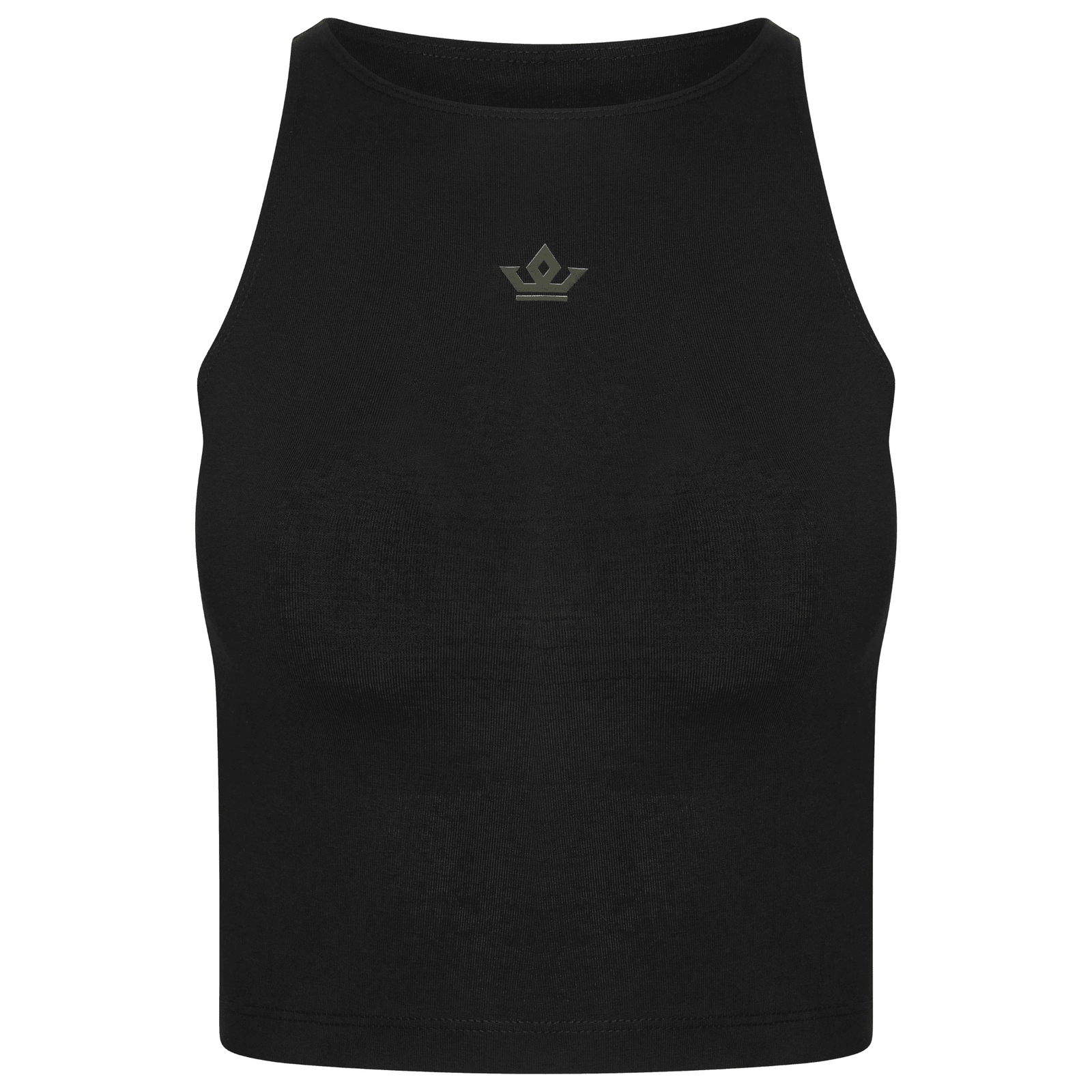 Front view of Black/Khaki crop top showing Orchid Crown print
