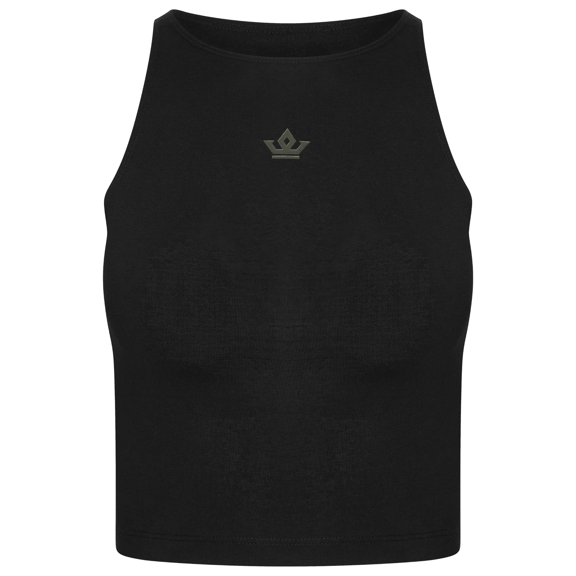 Front view of Black/Khaki crop top showing Orchid Crown print
