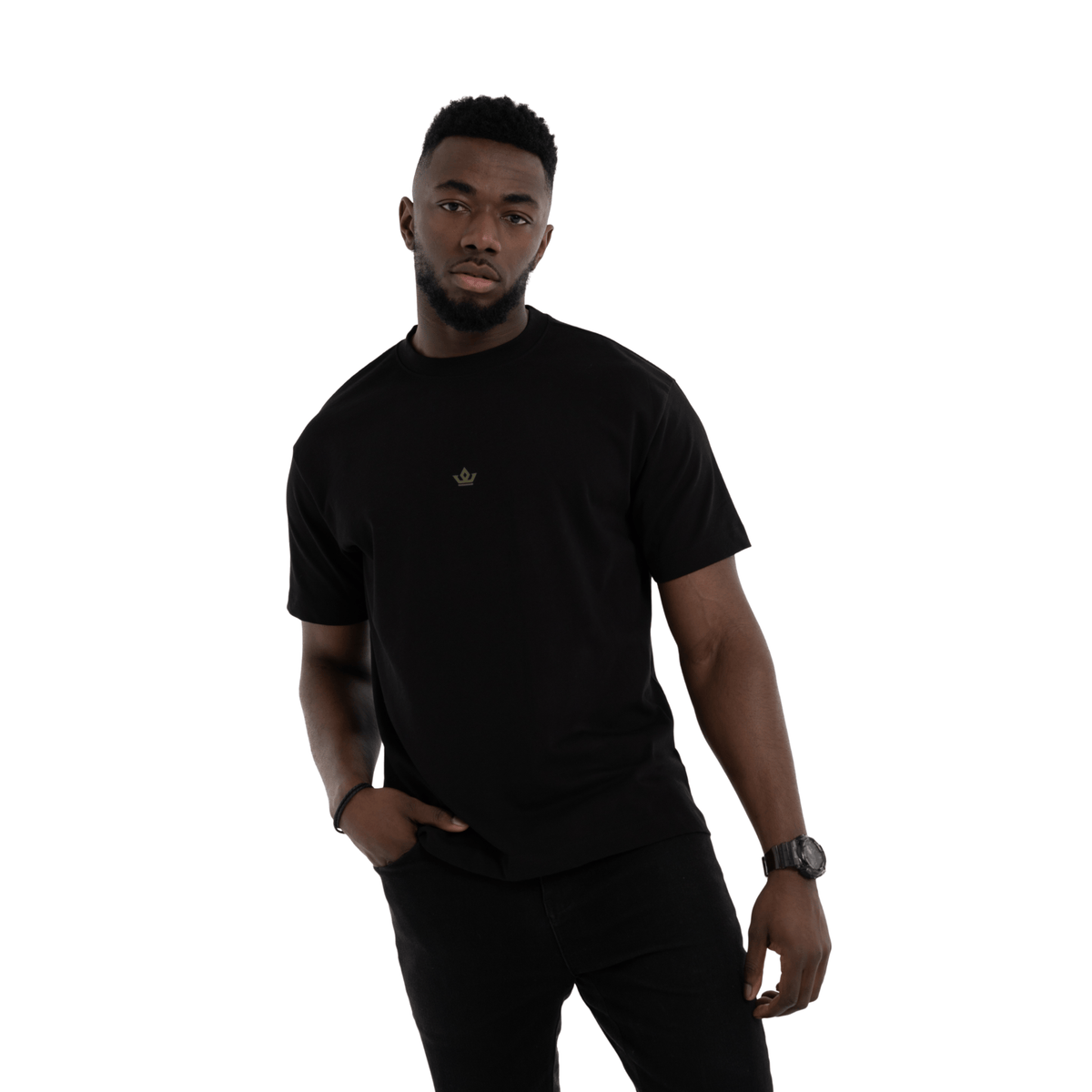 Man wearing a black t-shirt with a logo on a white background