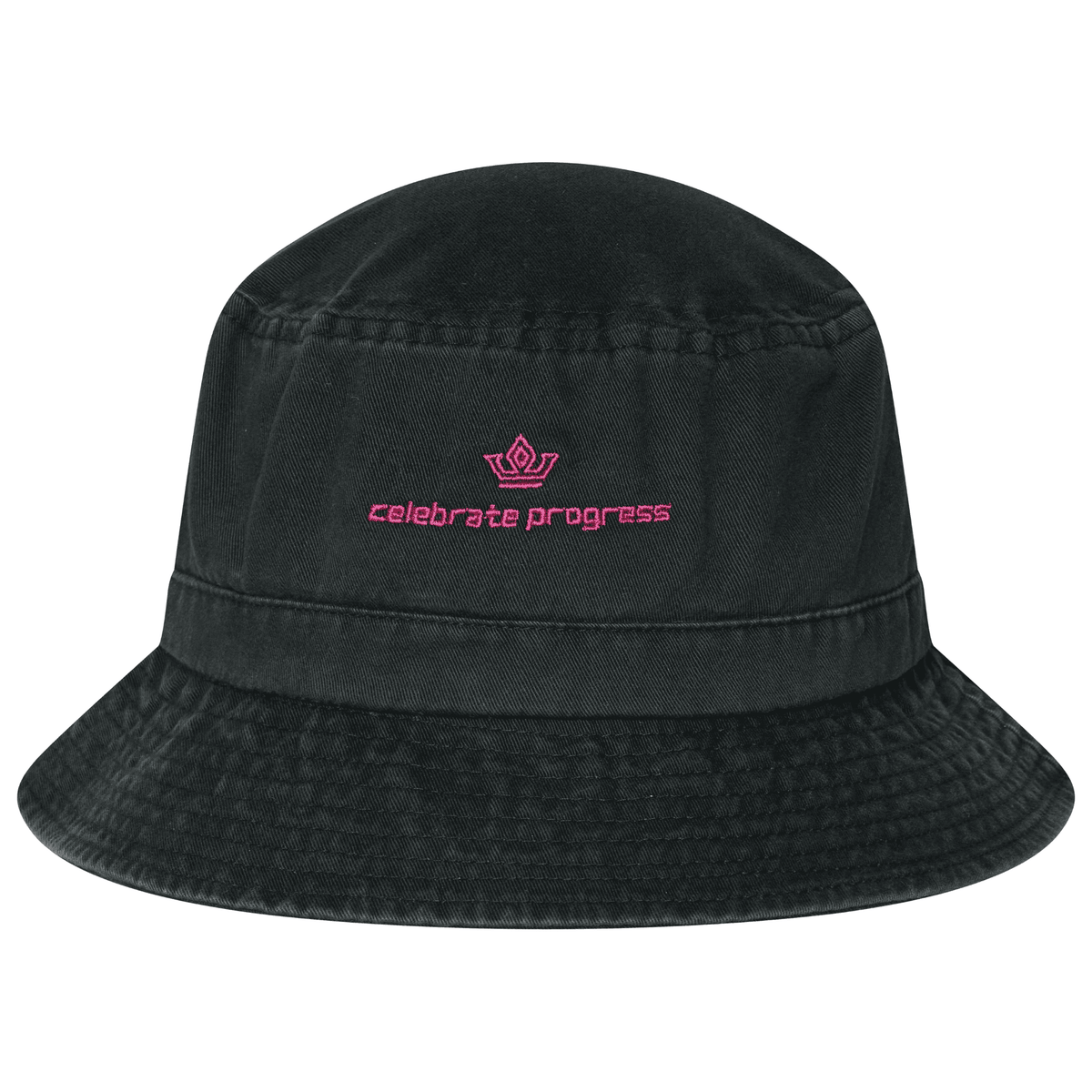 Black bucket hat with pink logo and text on a white background
